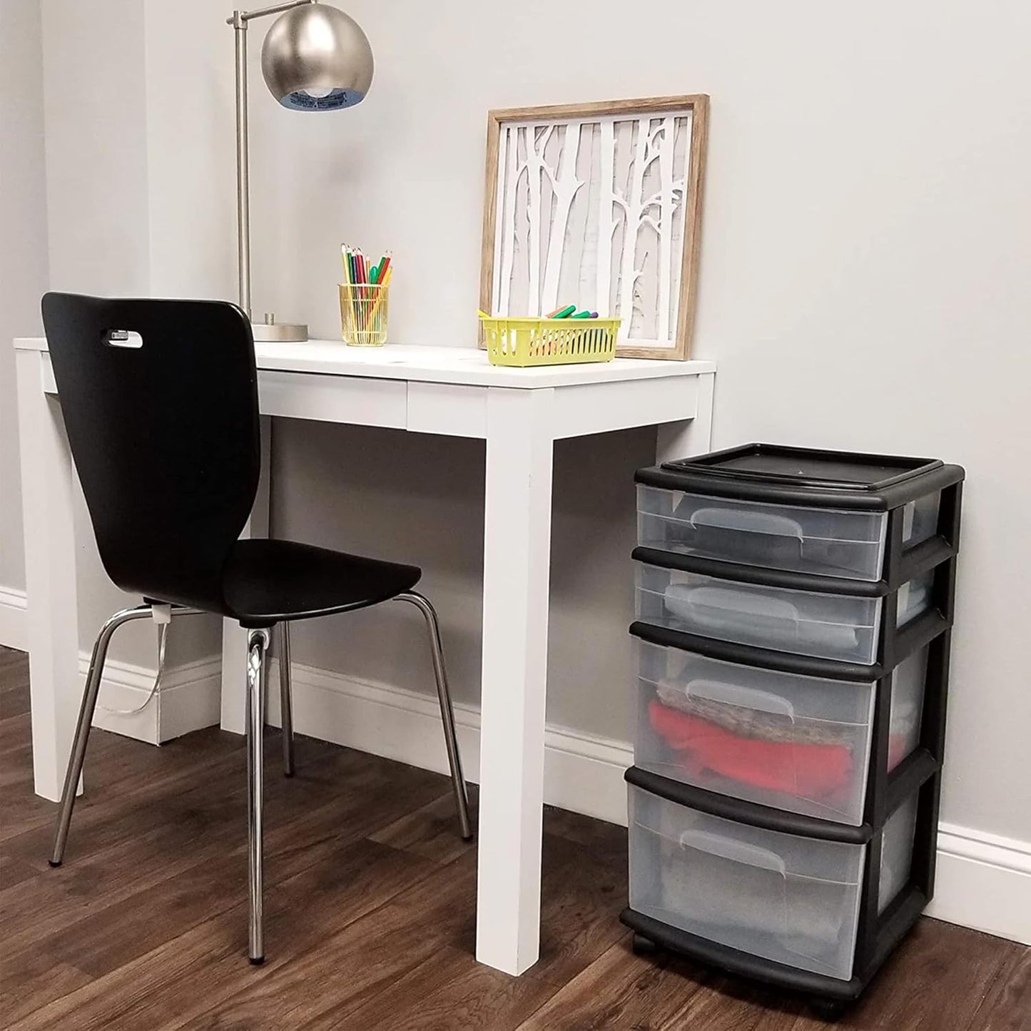 HOMZ Drawer Tower, 4-Tier Clear Plastic Storage Organizer Cart, Black Frame - Rolling Drawers with Wheels for Desk, Dresser, Cabinet, Bedroom, Bathroom, Closet, Classroom, and Office Organization