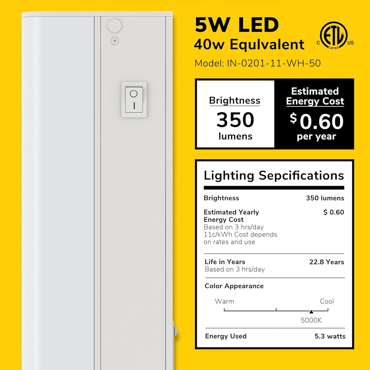 GETINLIGHT 12-inch Hardwired Only LED Under Cabinet Lighting, Daylight White(5000k), Dimmable, Matte White Finished, ETL Listed, IN-0201-11-WH-50