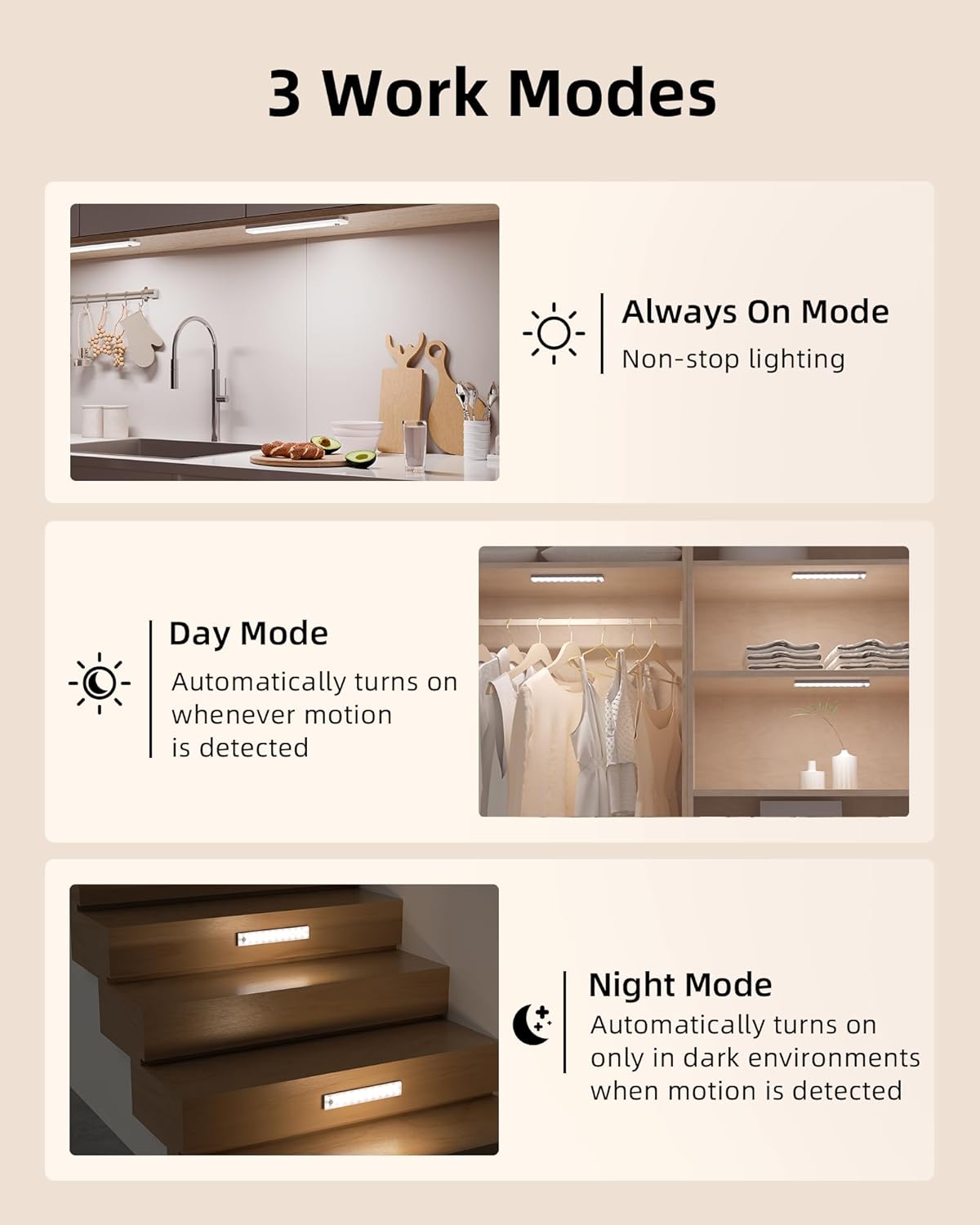 EZVALO 3-Pack Under Cabinet Lighting, 2000mAh Rechargeable Wireless Motion Sensor Lights, 62LEDs, 3 Color Temps, Dimmable, Timer, Magnetic, with Remote Control for Kitchen, Closet, Stair
