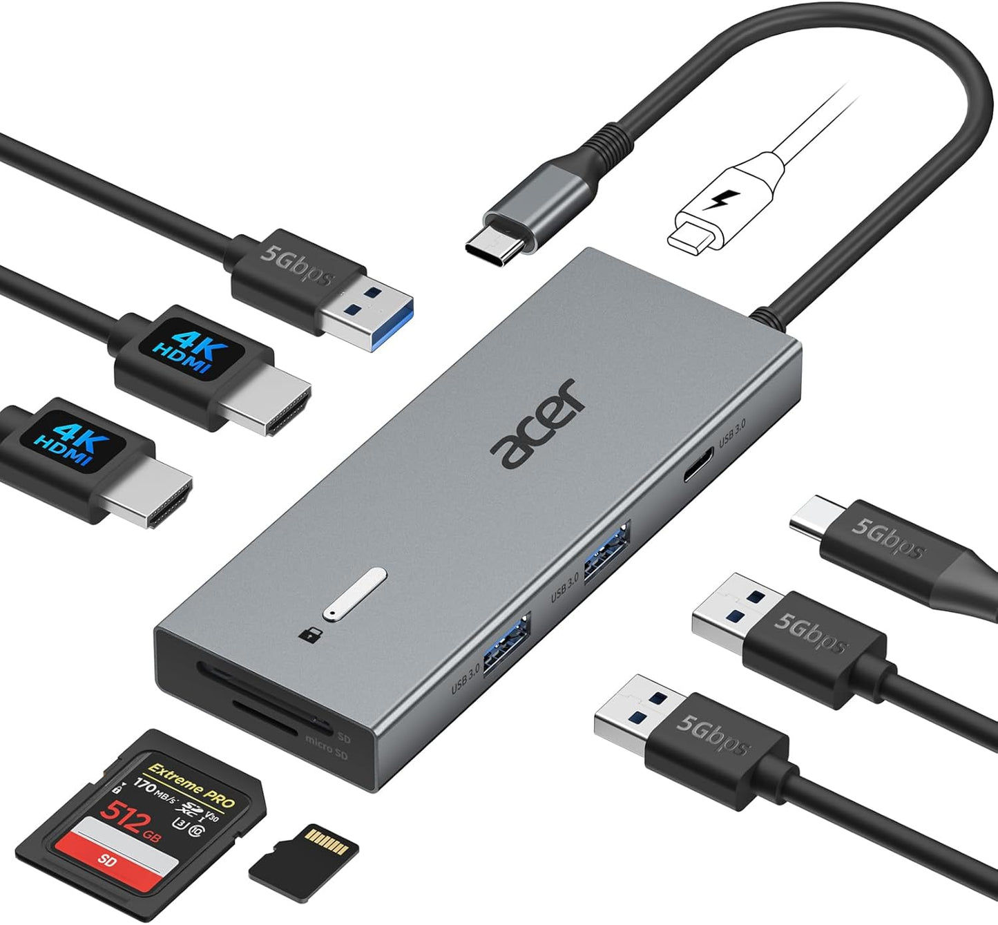 Acer USB C Docking Station Dual Monitor With 2 HDMI, 9-IN-1 Laptop Docking Station with 4K@60Hz HDMI, USB A&C 3.0, SD/Micro SD, 100W PD, USBC Dock Compatible with Acer/Dell XPS/HP/Mac/Surface (0.65FT)