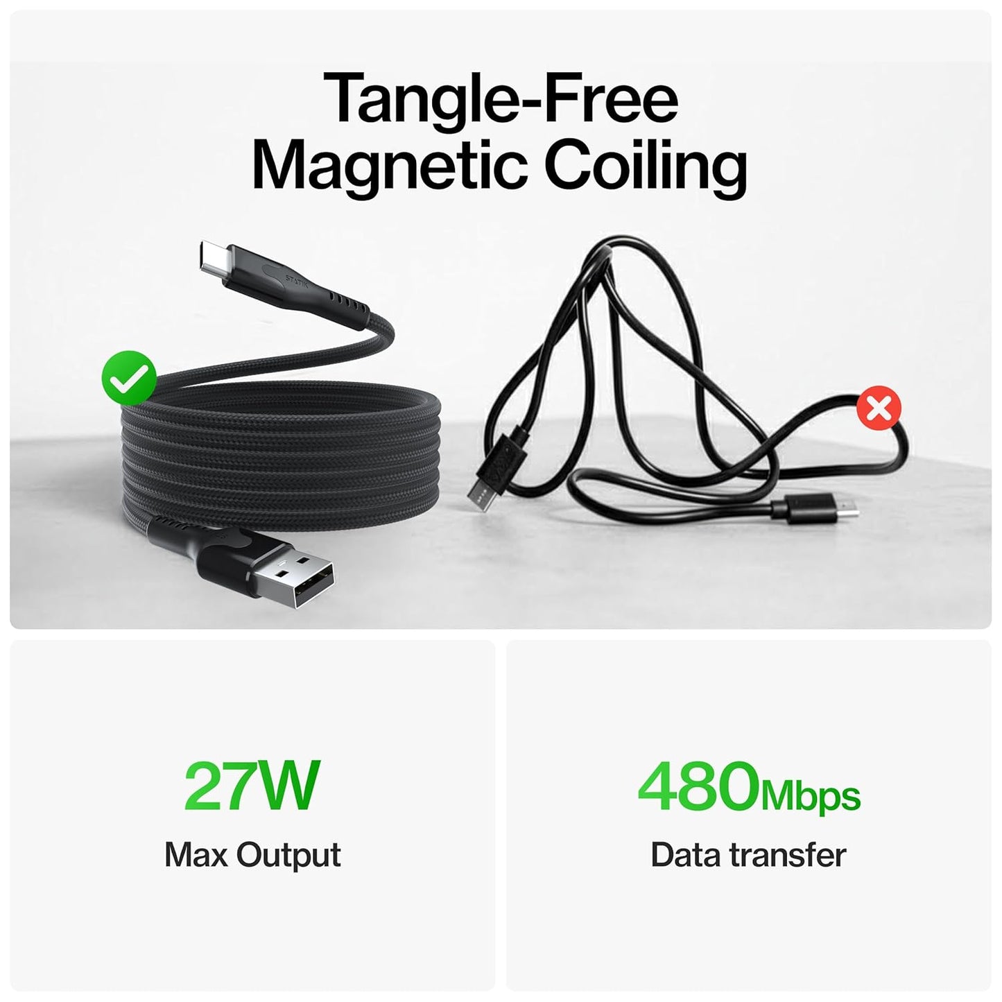 Statik MagStack USB to USB C Cable, A to Type C Charger Fast Charging Phone Charger Cord, On The Go Magnetic Charging Cable for Car, Compatible with iPhone, iPad & Android, 27W 3FT