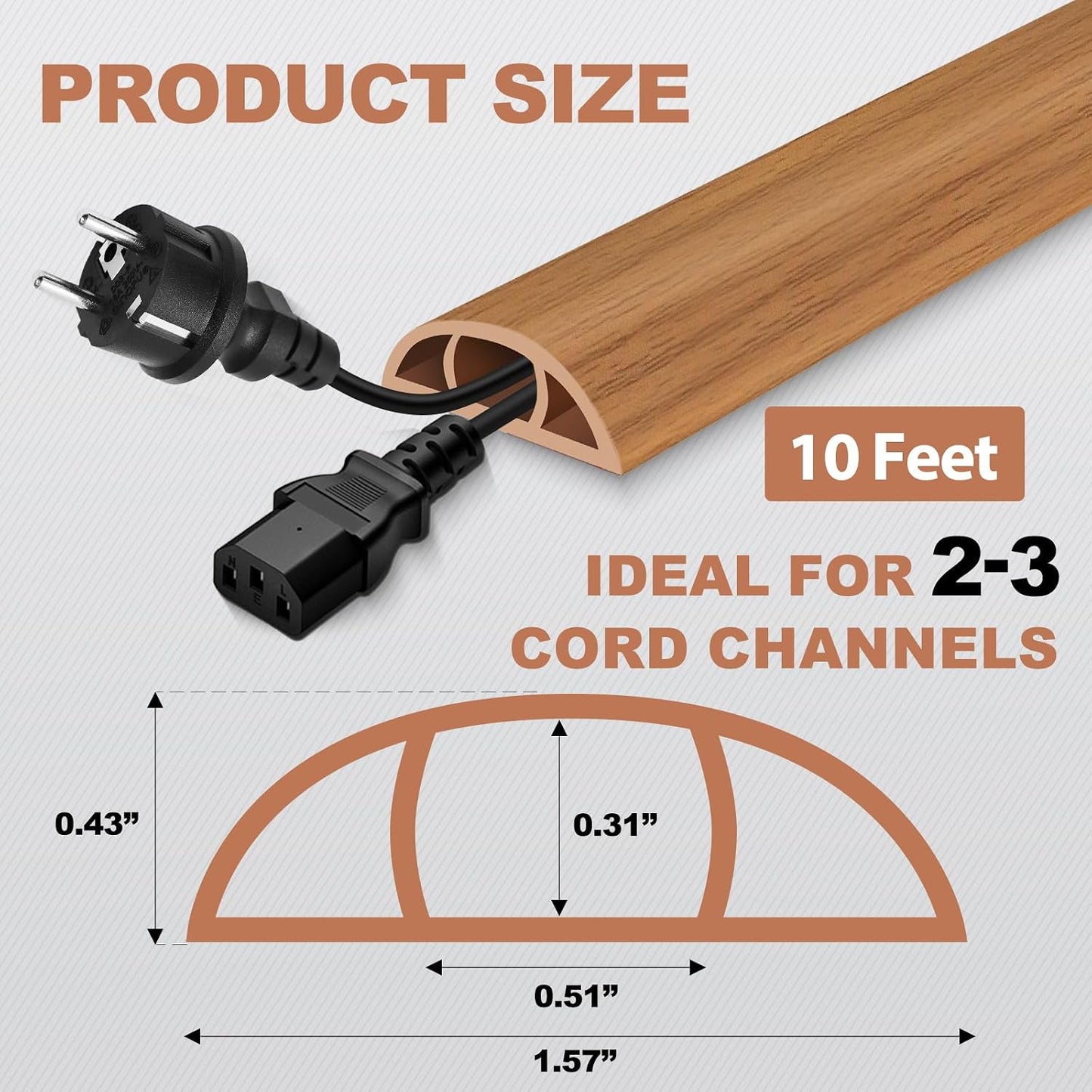 Floor Cord Cover for Wires on Floor Self Adhesive Cord Hider | Floor Cable Cover Floor Wire Covers for Cords Prevent Cable Trips, Cord Cavity W 0.51" x H 0.31", Brown Wood, 10Ft