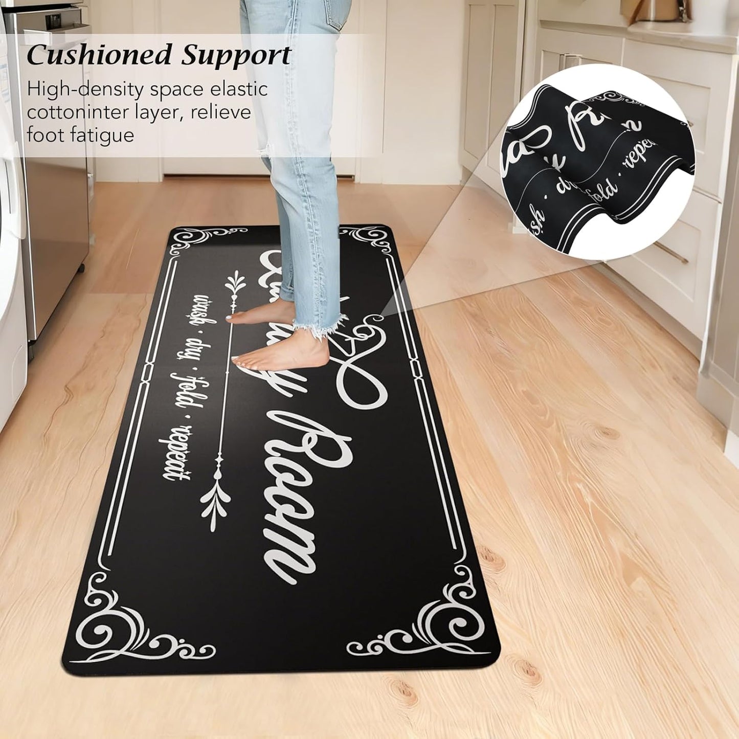 Non-Slip Laundry Room Rug Runner 17.3"x47.2" Washable Floor Cushioned Rubber Carpet Black Bathroom Hallway Mudroom Kitchen Mat for Farmhouse Entryway Washroom Decor Accessories