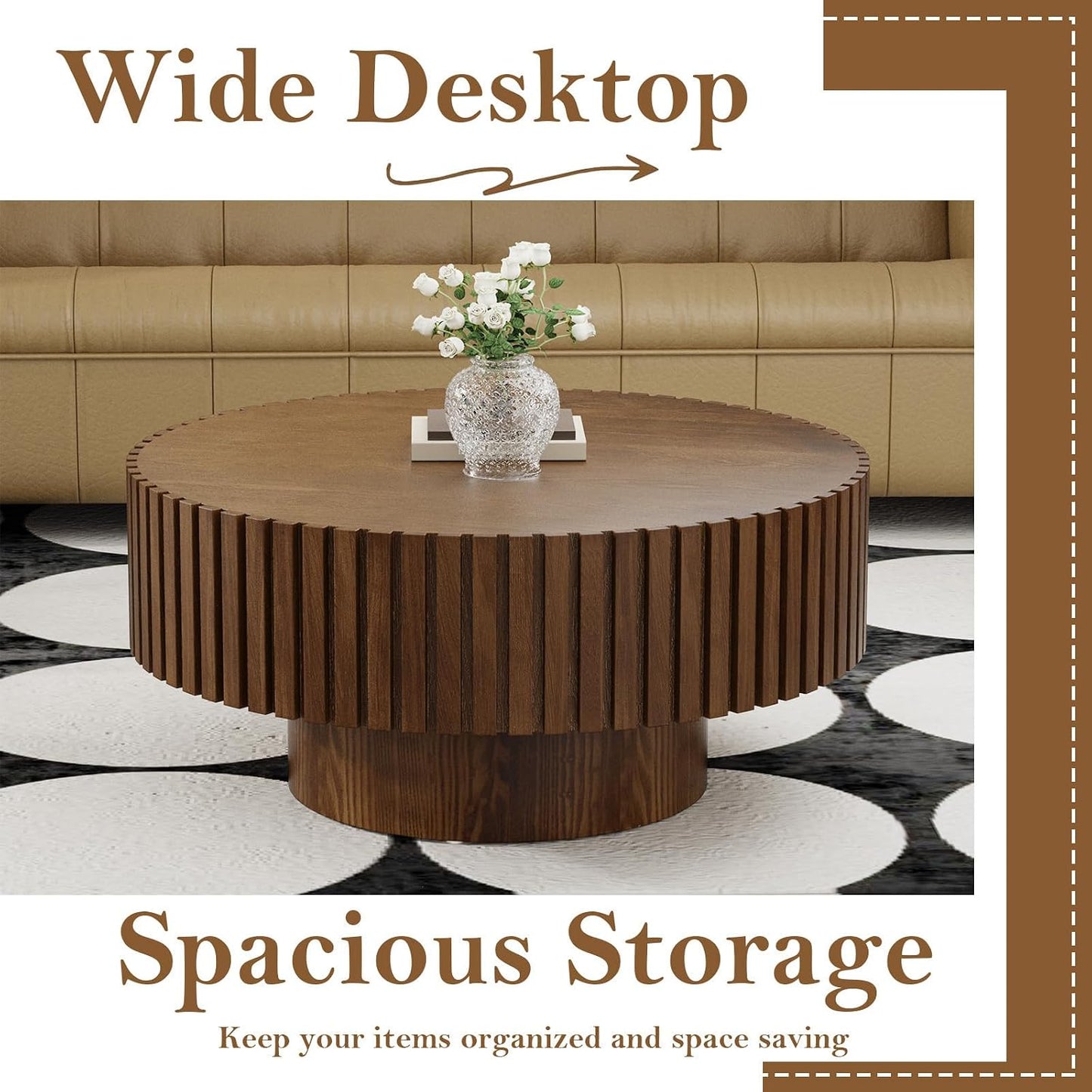 31.5" Round Drum Fluted Coffee Table (H) | Mid-Century Modern, Easy Assembly, Sturdy Pedestal, Center Tables for Apartment Living Room