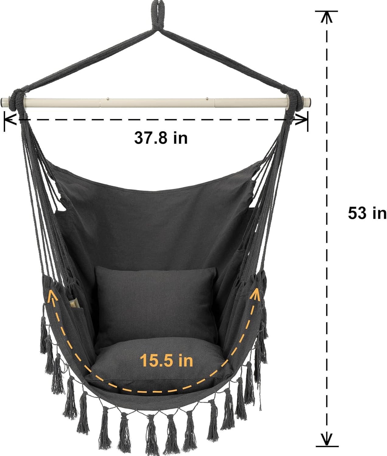 Y- STOP Hammock Chair Hanging Rope Swing, Max 500 Lbs, 2 Cushions Included, Large Macrame Hanging Chair with Pocket, Cotton Weave for Superior Comfort, Durability (Dark Grey)