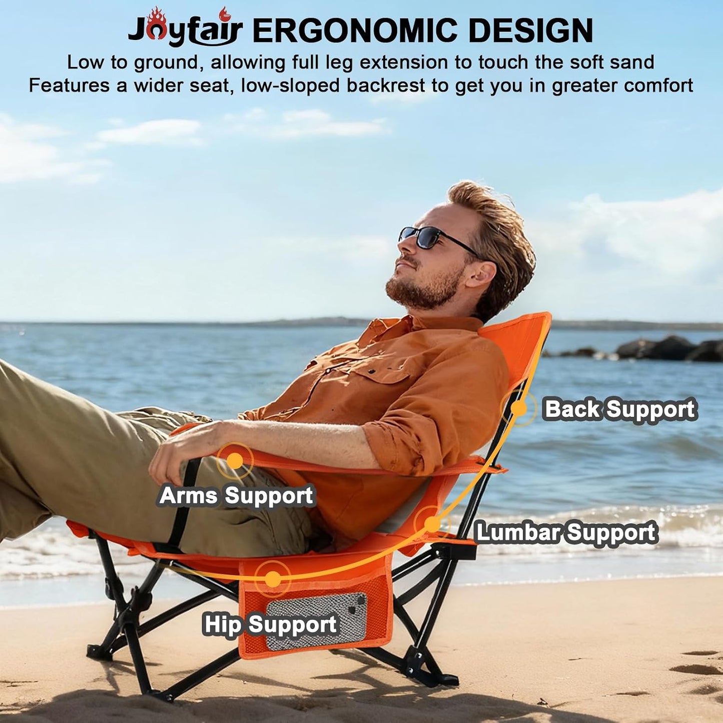 Joyfair Beach Camping Chair (2 Pack), Outdoor Folding Chair for Adults, Heavy Duty Portable Chair for Outside Fishing, Lawn, Sport, Patio, Armrest Cup Holder & Storage Pocket, Carry Bag (Orange)