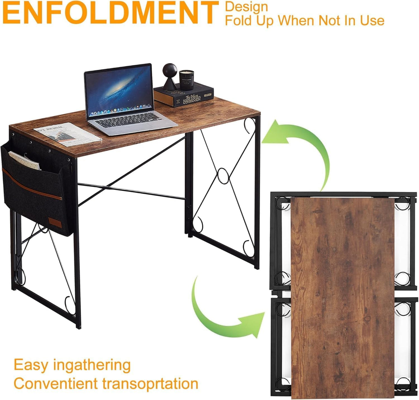 VECELO 39 Inch Folding Desk Simple Assembly, Writing Computer Desk for Home Office Study Office Foldable Table for Small Spaces,Classic Brown
