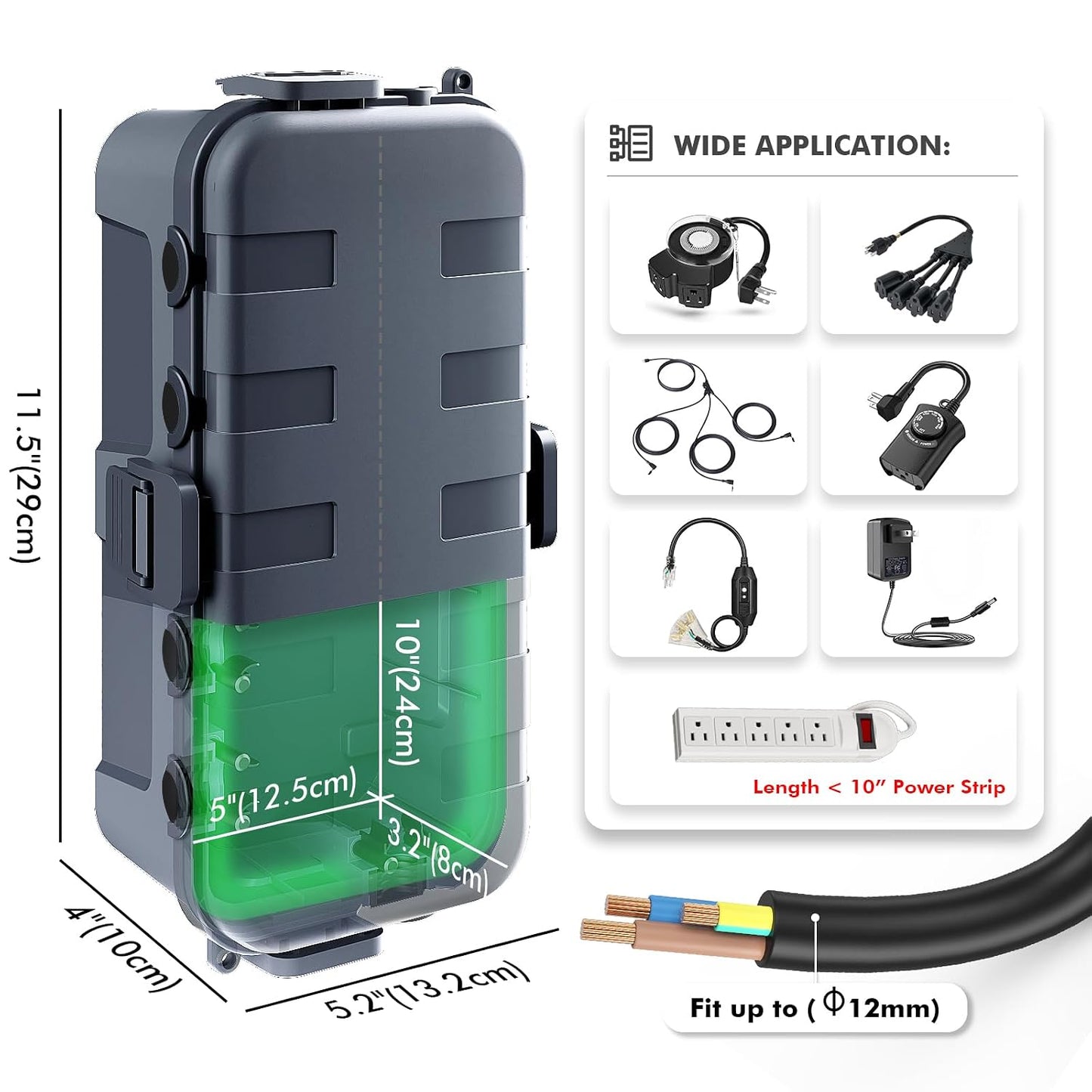 RESTMO Outdoor Electrical Box Waterproof, Extension Cord Cover | IP54 Weatherproof, 6 Cable Entry Ports, Ideal for Power Strip, Outlet, Plug, Timer, (11.5x5.2x4 inch), Grey