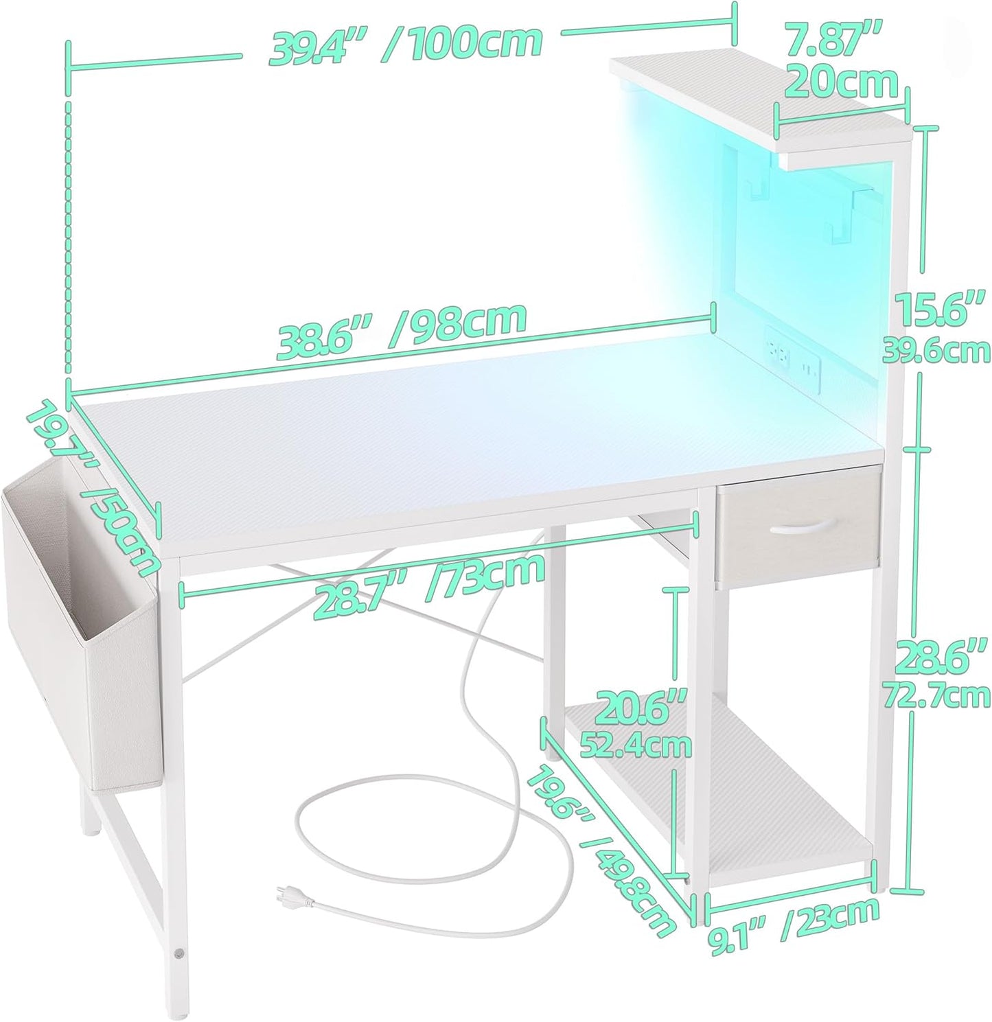 TIQLAB Gaming Desk 40 inch with Power Outlet and LED Light, Computer Desk with Reversible Shelves and Storage Drawer, Small PC Desk for Home Office Table with Bag, Carbon Fiber White