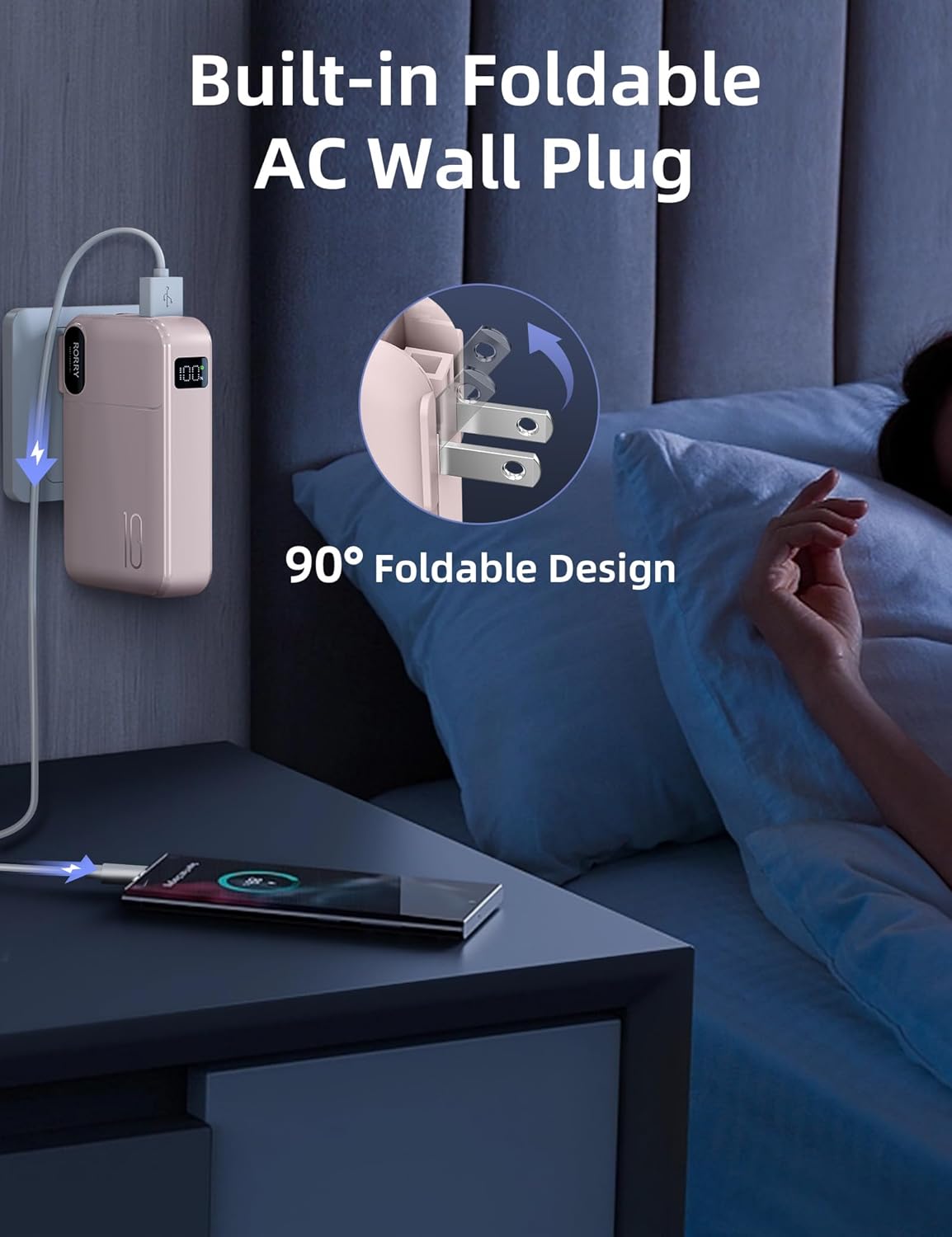 RORRY Portable Charger Built in Cables, AC Wall Plug in Portable Charger Power Bank 10000mAh Travel Battery Pack 22.5W Fast Charging for iPhone 17/16/15 Samsung Galaxy S25/S24/S23 Pixel LG iPad, Pink