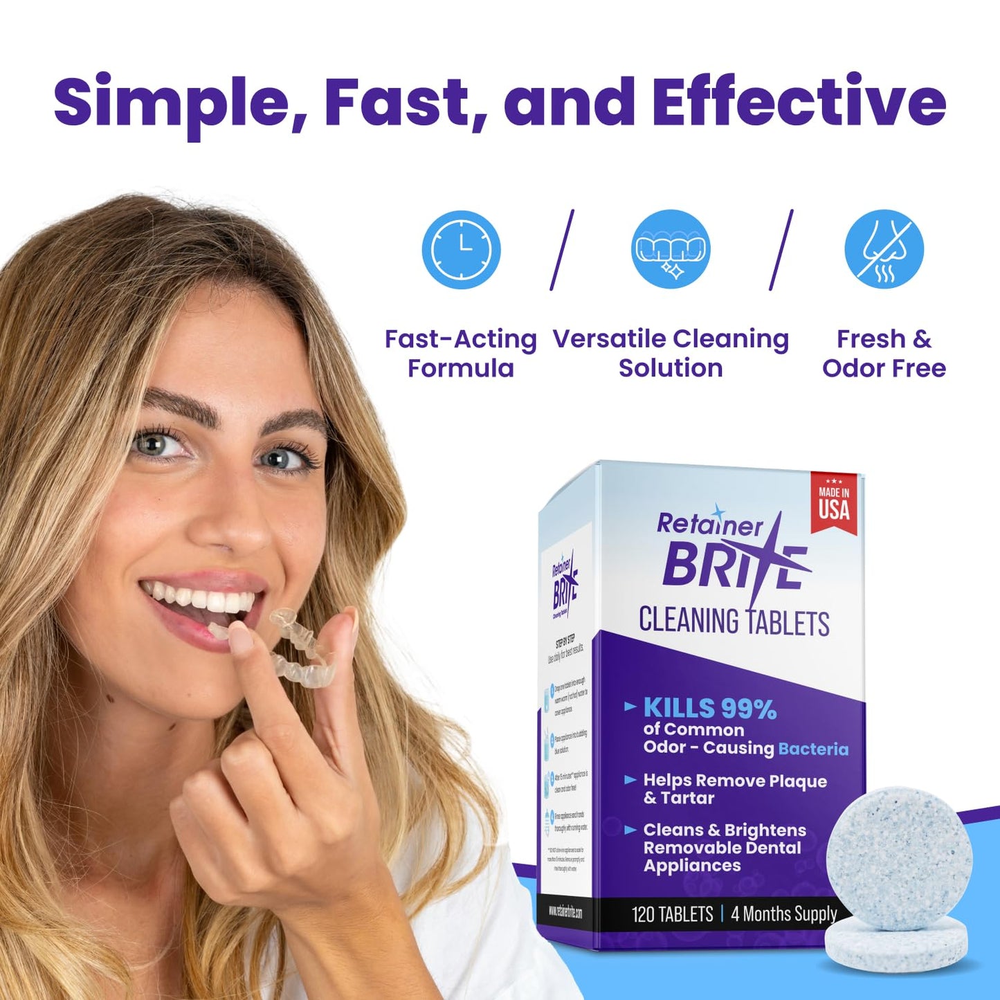 Retainer Brite - Retainer Cleaner Tablets for Invisalign, Mouth Guard Cleaner, Night Guard Cleaning and More. Cleaning Tablets for Ultrasonic Cleaners. 120 Tablets - 4 Month Supply. Made in USA