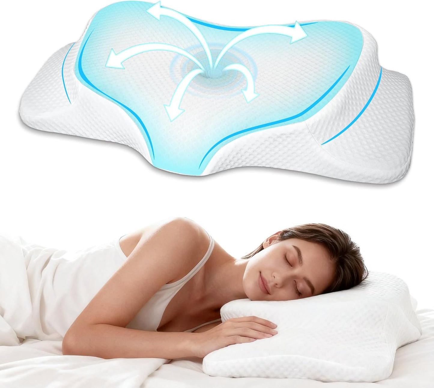 AlignCore Cervical Neck Pillow - Ergonomic Firm Memory Foam Bed Pillows for Sleeping, Neck Pillows for Pain Relief, Back and Side Sleeper Pillow (White with Gray Surface)