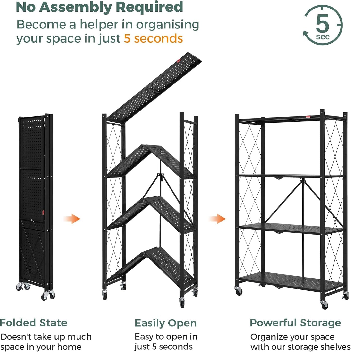 DEANIC 4 Tier Foldable Storage Shelves with Wheels, No Assembly Organizer Rack for Garage Kitchen, Basement, Pantry,Perfect for Craft Shows & Vendor Events(Black)