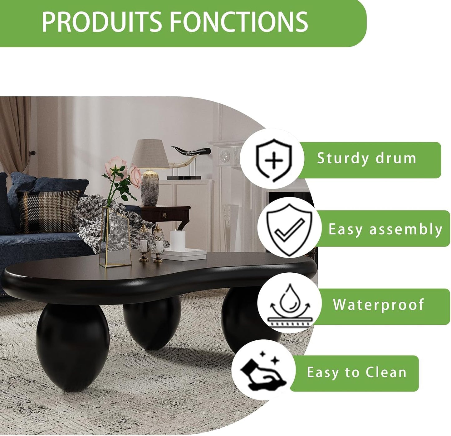 Black Cloud Coffee Table (C Black 47.2in) | Modern Unique Coffee Table for Living Room, Irregular Asymmetrical Center Table for Farmhouse