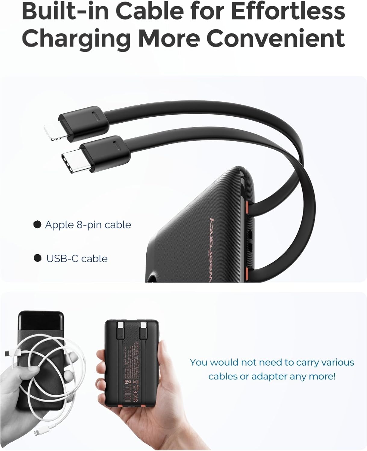 WeeFancy Mini Portable Charger with Built-in Cables—10000mAh 22.5W Fast Charging Power Bank,Smaller USB-C Battery Pack for iPhone,Samsung,Android,Flight&Travel-Friendly,TSA-Compliant