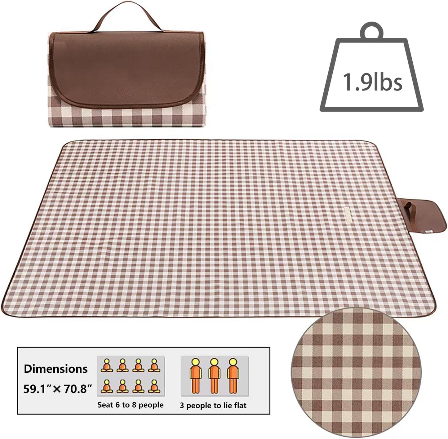Wind Tour Waterproof Picnic Blanket with Carry Strap - Foldable Sandproof Outdoor Mat for Camping, Beach, Park - 59" x 71",Coffee Grid (Single Mat)