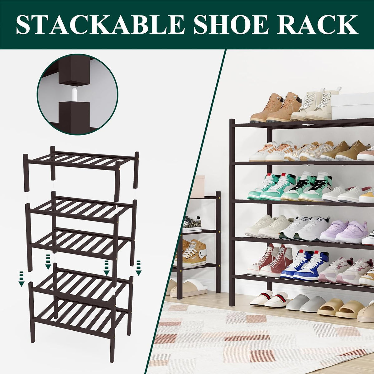 Smiry Bamboo Shoe Rack, 16 Vertical Slats, 2 Tier - 33.7" Wide, Brown