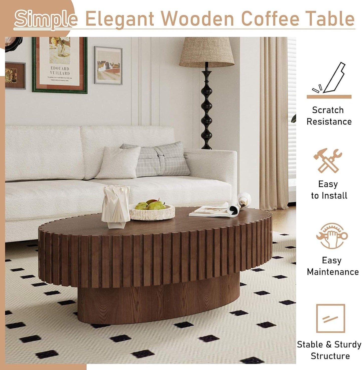 Mid Century Modern Oval Fluted Coffee Table (L) | Handcraft Drum Coffee Table, Sturdy Pedestal, Wood Veneer Top, for Living Room Reception Room Farmhouse