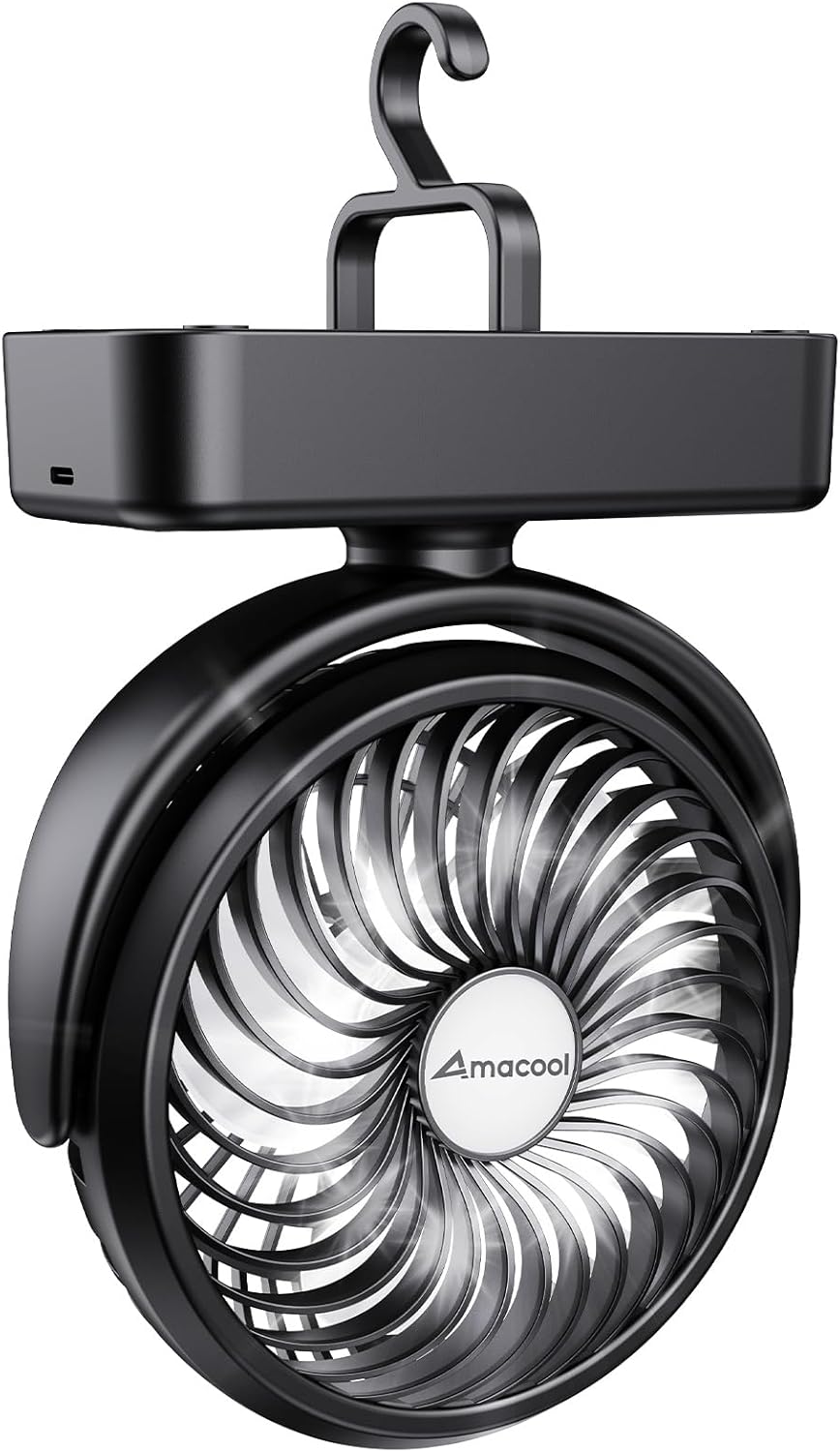 Portable Camping Fan with LED Lantern- 40H Work Time Rechargeable Battery Operated Fan with Hanging Hook for Tent Car RV Hurricane Emergency Outages Survival Kit Cruise Travel Camping Essentials Gear