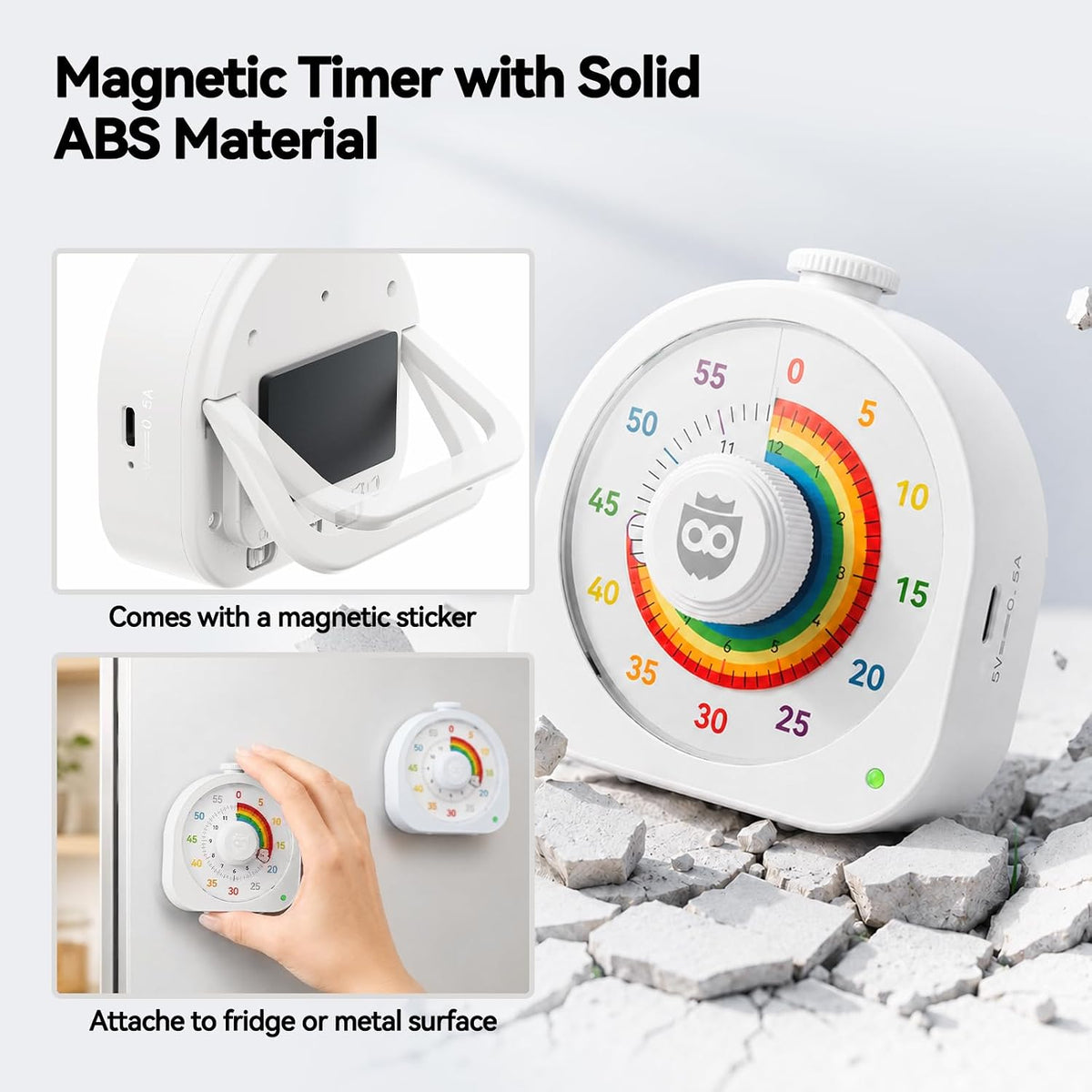 Visual Timer for Kids, Rechargeable Rainbow 60-Min/12-Hour Countdown, White