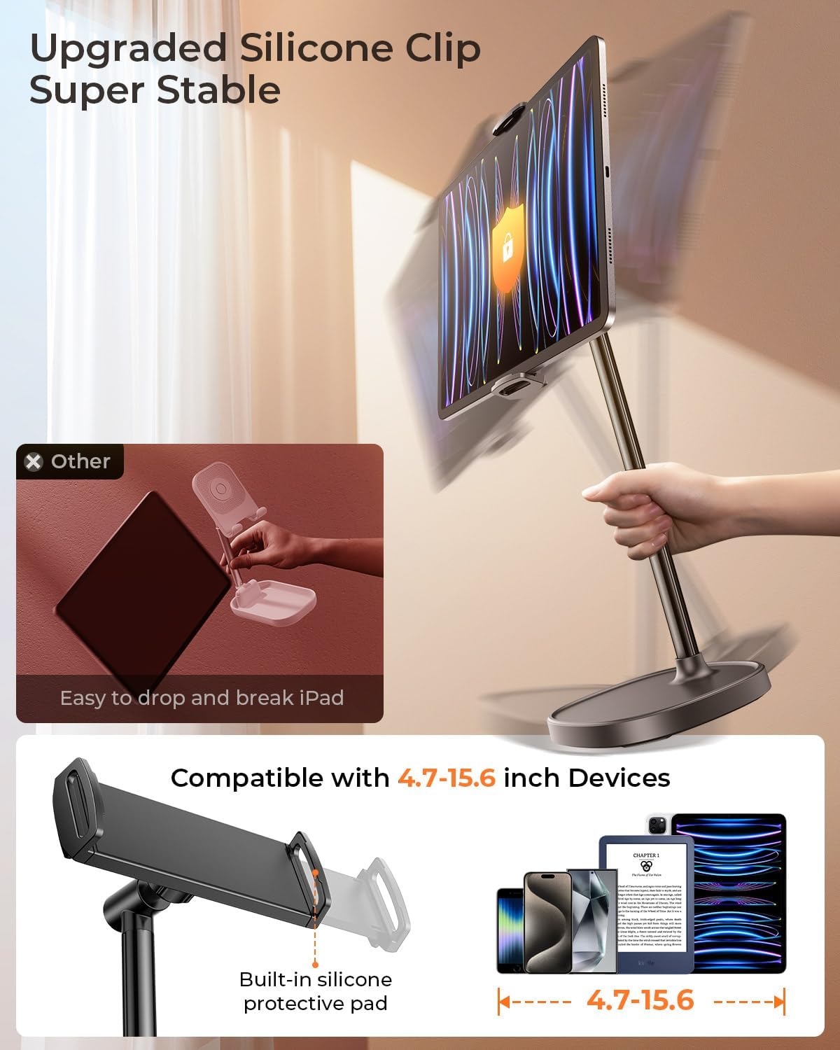 DIMONCOAT Height Adjustable Tablet Stand for Desk, Tablet Holder 360° Rotation: Desktop Tablet Accessories for 4.7-10" Like iPad Pro, Air Mini, Kindle, E-Reader, iPhone 17 Pro Max