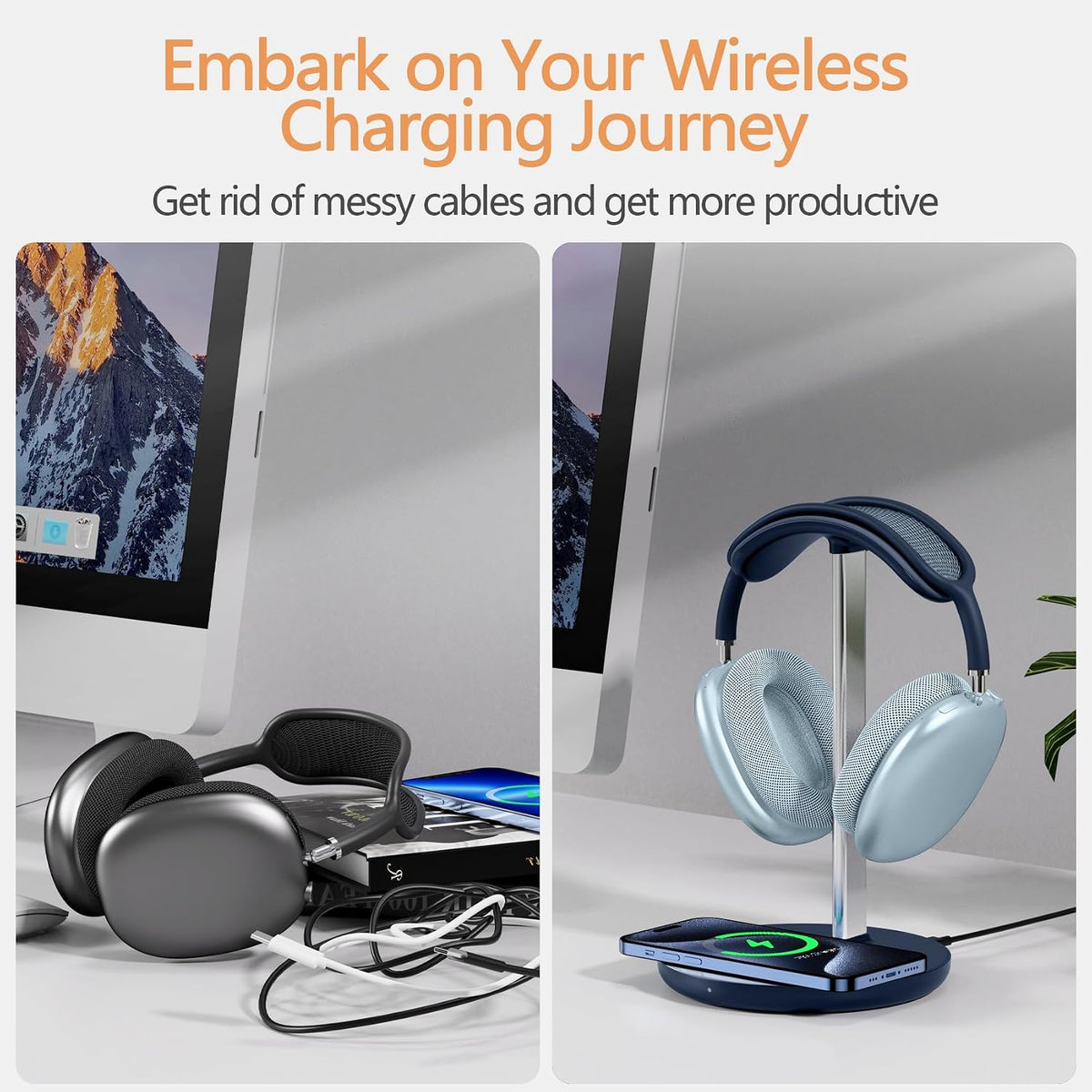 Hiwe Headphone Stand with Wireless Charger, Headset Holder for Desktop