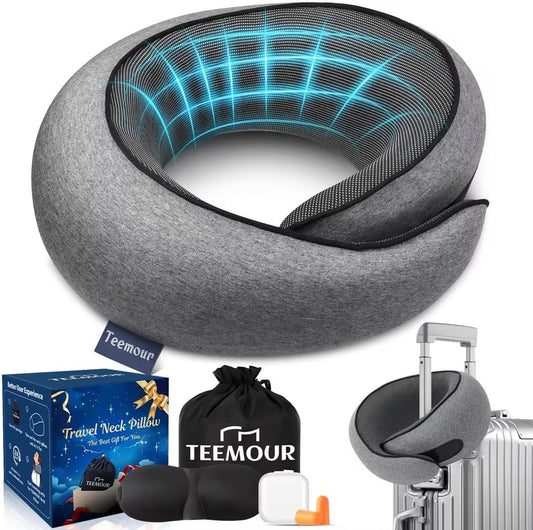 Travel Pillow Memory Foam Neck Pillow for Airplanes Long Flight Comfort 360° Support Airplane Pillow Design for Car Rides, and Home Use Travel Essentials, with Eye Mask, Earplugs and Storage Bag Large