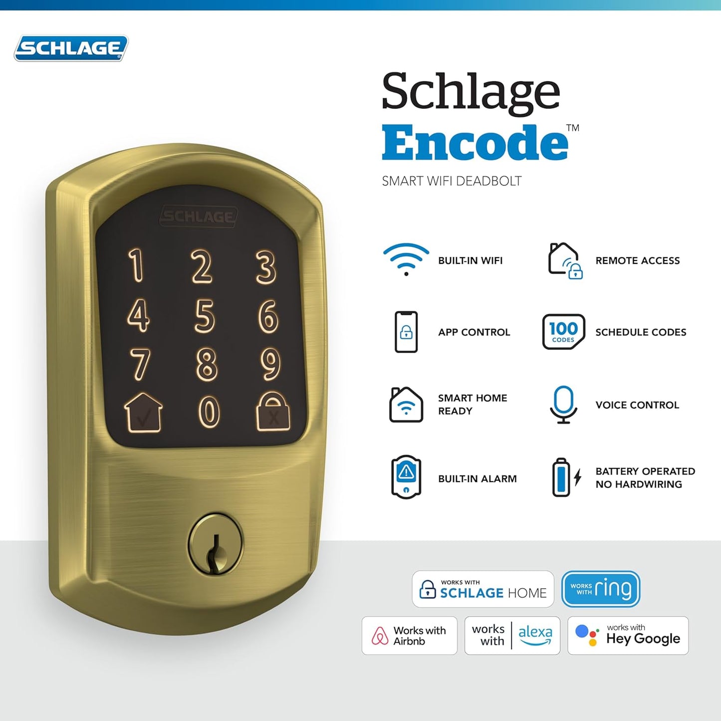 Schlage Encode Smart Wi-Fi Deadbolt Lock with Touchscreen Keypad, Keyless Front Door Entry, App Control, Alexa, Google Home and Airbnb Compatible, Satin Brass, BE489WB GRW 608