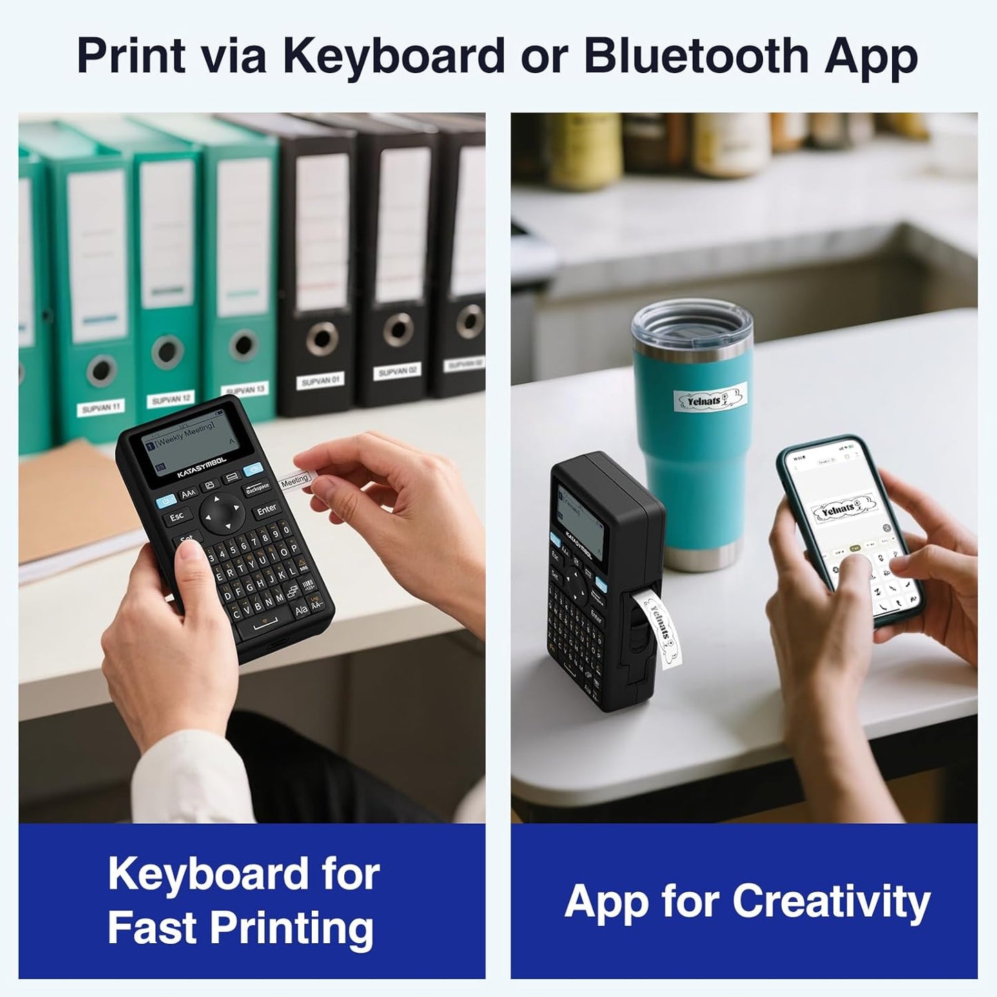 SUPVAN E11 Bluetooth Label Maker Machine with 4 Tapes, Support Keyboard & App with 30+ Fonts and 660+ Icons, Rechargeable Inkless Labeler for Home, Kitchen, Office, School, Organization, Black
