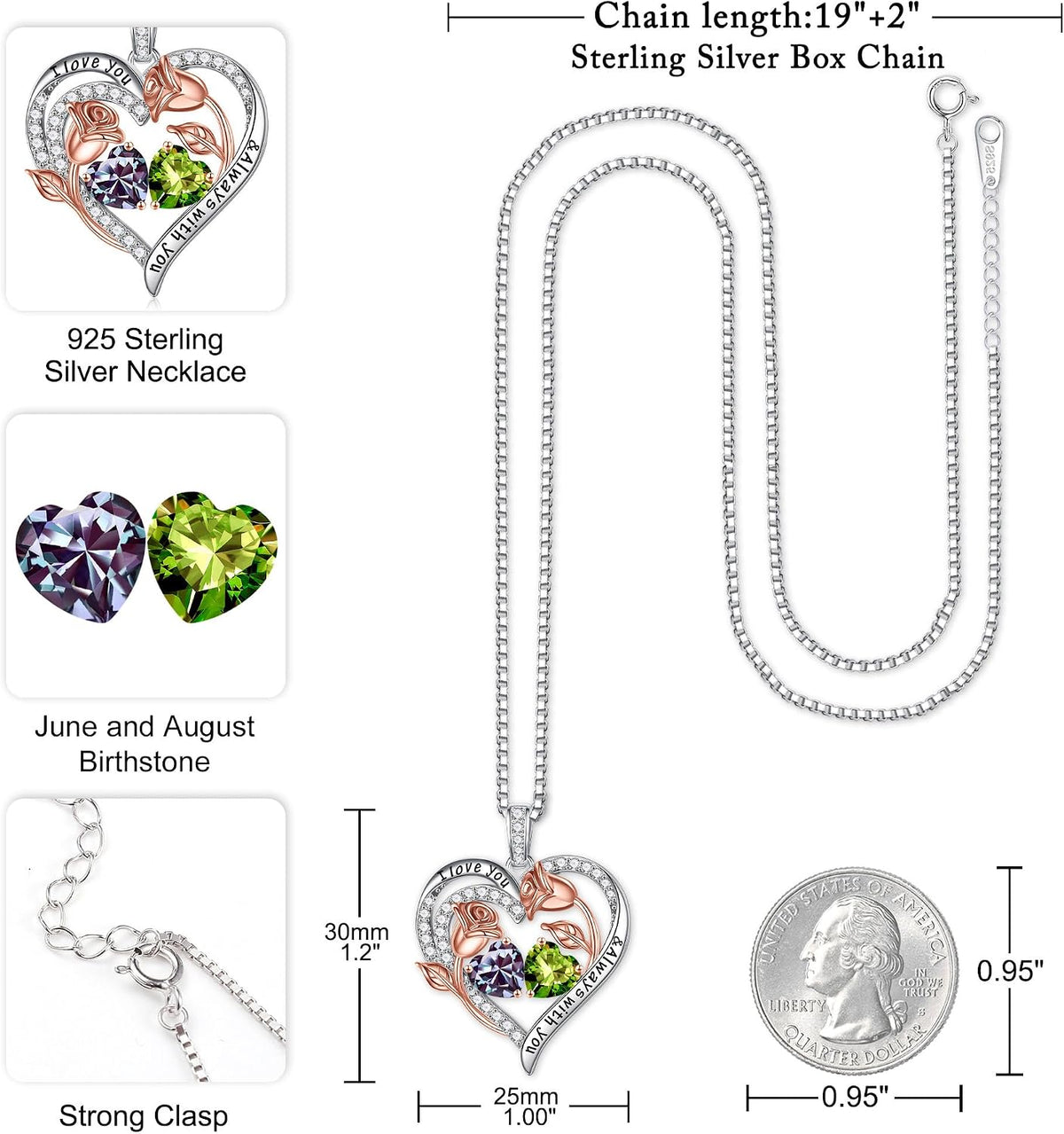 Iefil Birthstone Necklace for Women - Rose Heart Necklace