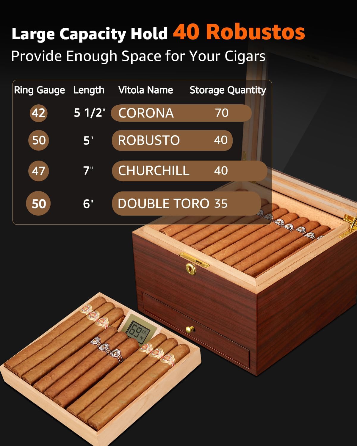 Flauno Cigar Humidor with Air Circulation System, Hold 40 Rubustos, Thicker Spanish Cedar, Accurate Digital Hygrometer, Drawer, Humidifier, Divider, Lock, Gift for Cigar Lovers