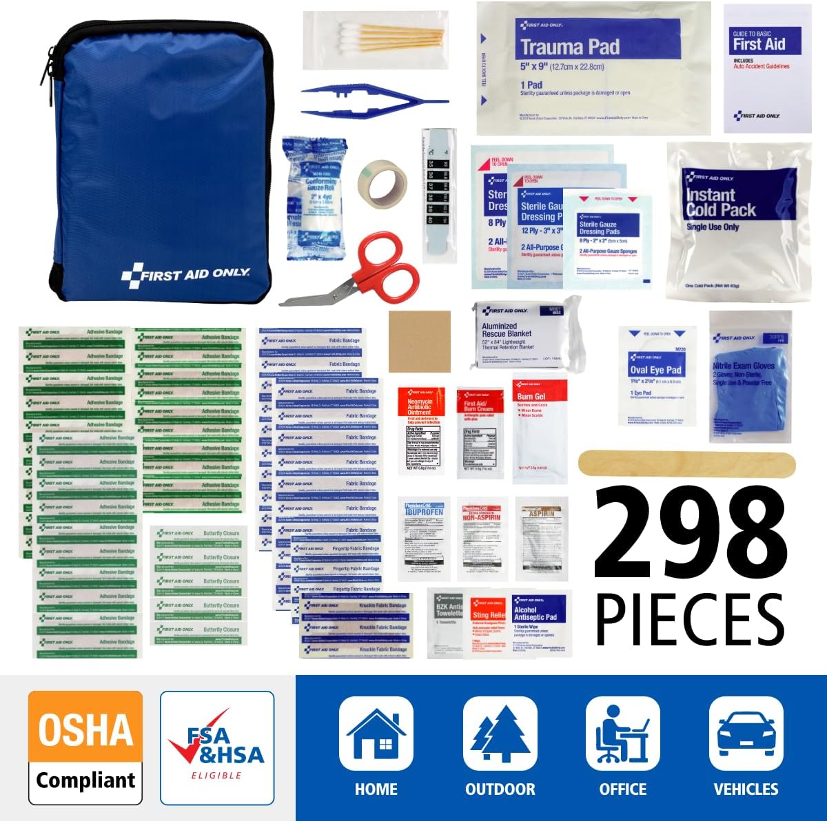First Aid Only 298 Piece All-Purpose Emergency First Aid Kit for Home, Office, Car, Apartment, Dorm, and Camping, Travel-Friendly Compact Pouch Fits in Backpacks, Suitcases, Cabinets, and Drawers