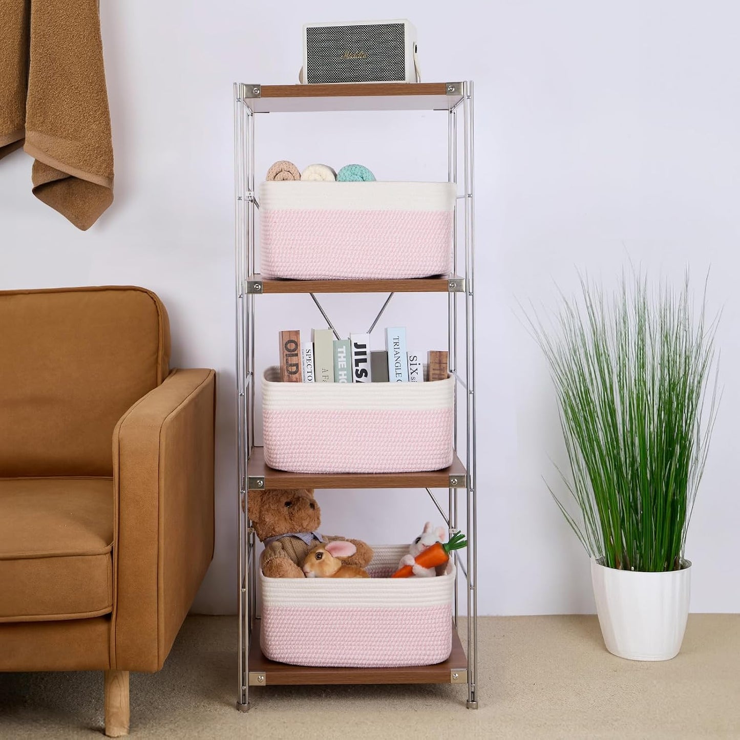 MiniArk Large Storage Baskets for Shelves, 17 x 13 x 7.5” Closet Organizers Bins for Clothes Blanket Towels, Baby Nursery, Toy Baskets Box, Woven Rope Baskets, 3 Packs Woven Pink