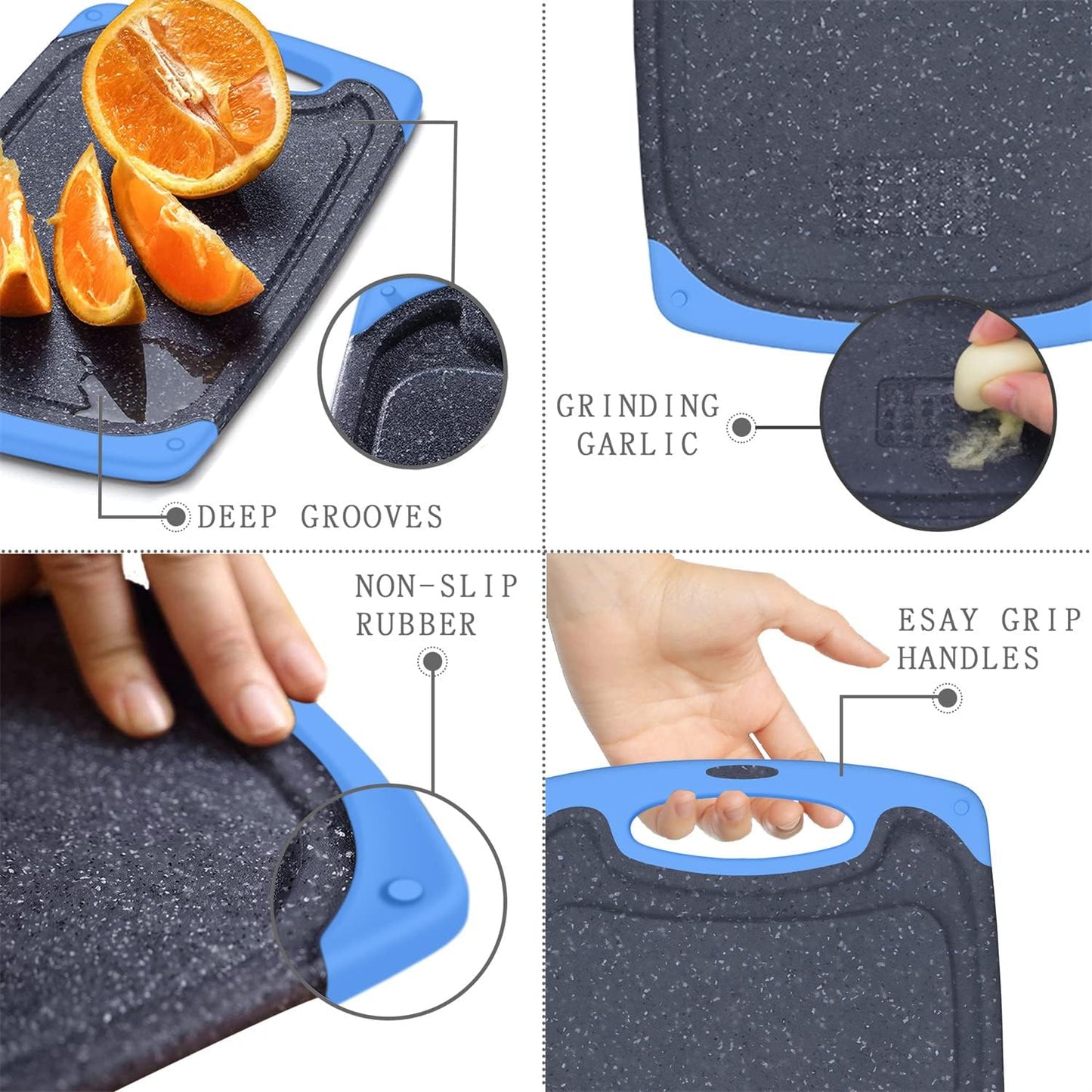 Viretang Non Slip Cutting Board, 3 Pieces Dishwasher Safe Cutting Boards with Juice Grooves, Easy Grip Handle, Non-Slip, with Grinding Area for Grinding Garlic and Ginger（blue）