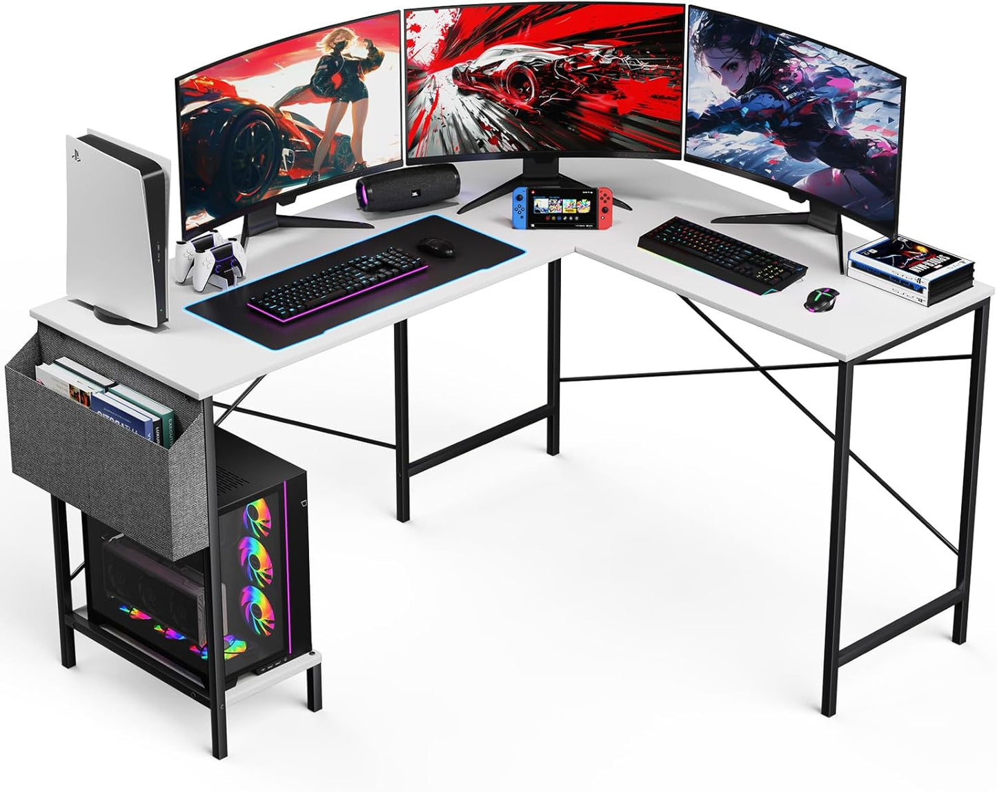 L Shaped Desk Gaming Computer 50 Inch Reversible Corner Table PC Work Table for Writing Study Student with Wood Tabletop Metal Frame CPU Stand Side Bag for Home Office Small Place