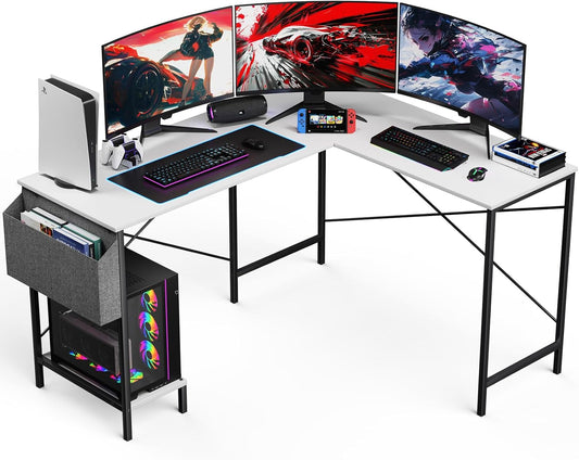 L Shaped Desk Gaming Computer 50 Inch Reversible Corner Table PC Work Table for Writing Study Student with Wood Tabletop Metal Frame CPU Stand Side Bag for Home Office Small Place