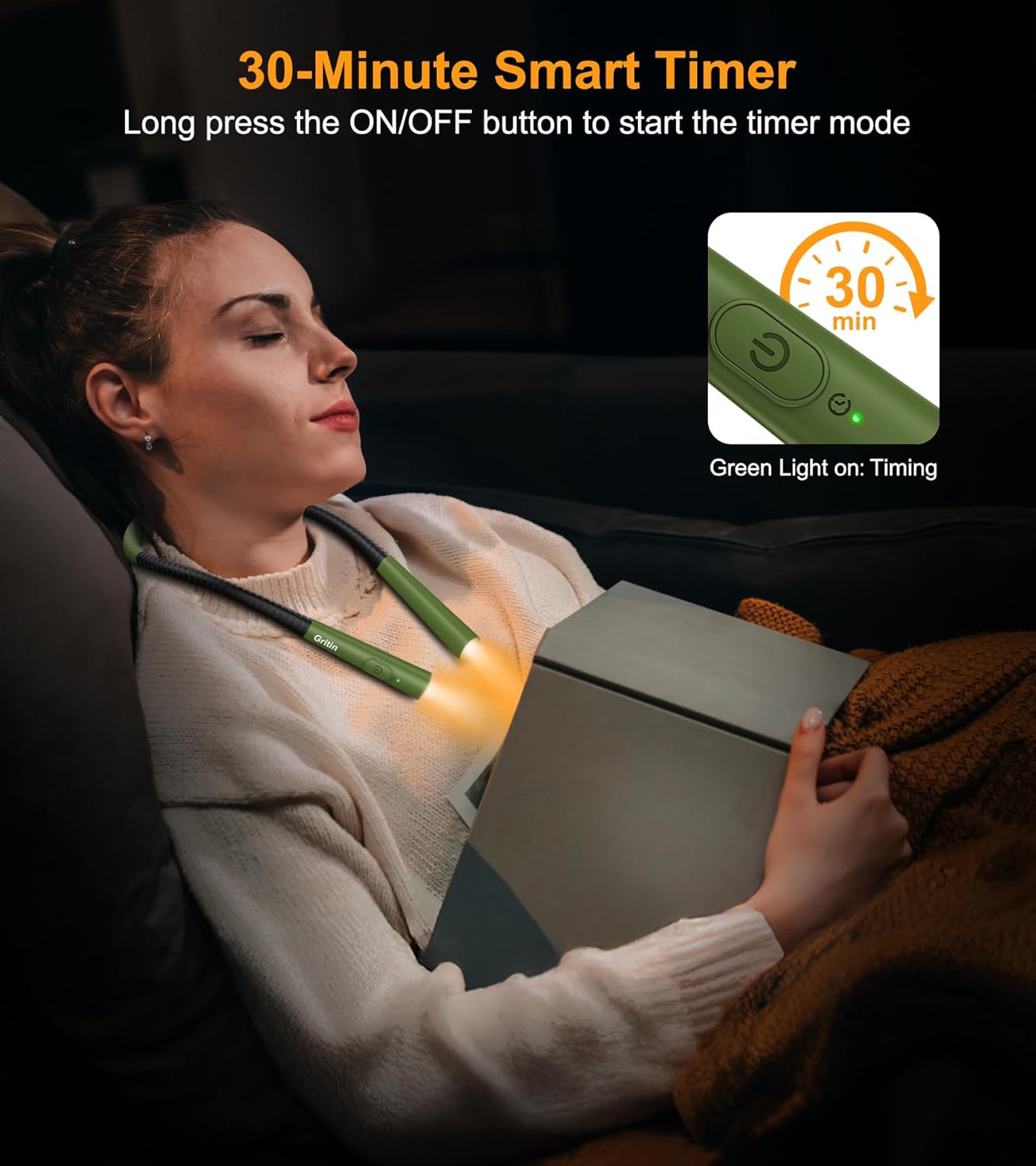 Gritin Book Light, Eye Caring 4-Color & 5-Brightness Neck Light Reading Light- Stepless Dimming,30-min Timer,80+ Hrs Runtime,Bendable Round Neck Design, Lightweight for Reading-Deep Green