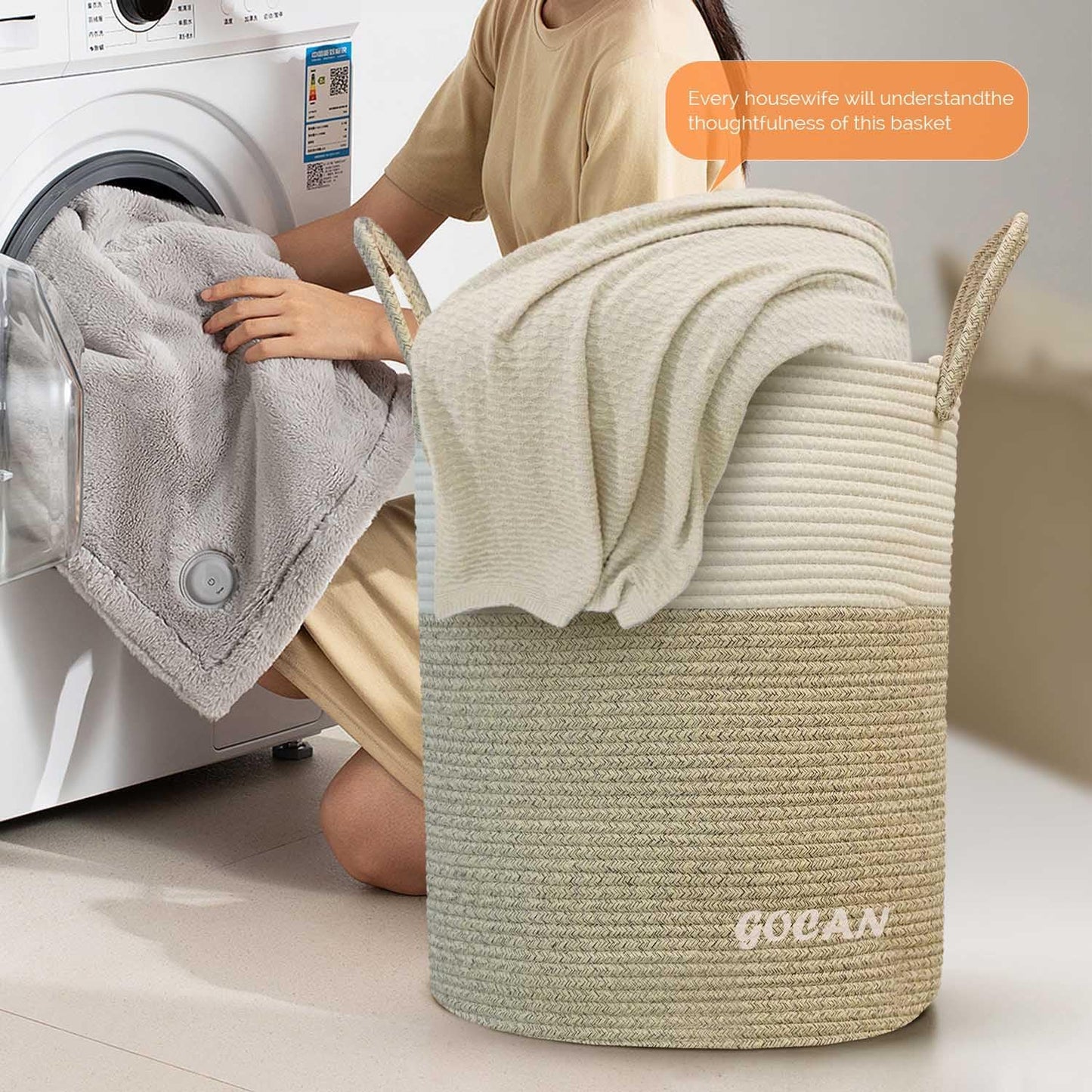 GOCAN large tall sturdier Laundry Hamper Basket Woven Storage Baskets for clothes Pillows Blanket Toy in living or bed room decoration H50XD38cm borwn/beige
