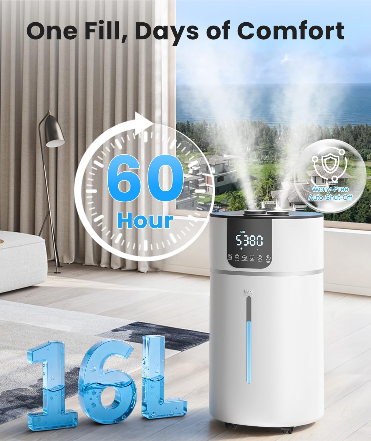 AreShark 4.2 Gal/16L Humidifier Large Room, Cool Warm Mist 2000ft² Whole House Air Humidifiers for Bedroom, Plants, Adults, 60H Runtime, Humidity Setting, Easy to Clean, Top Fill, Extension Tube