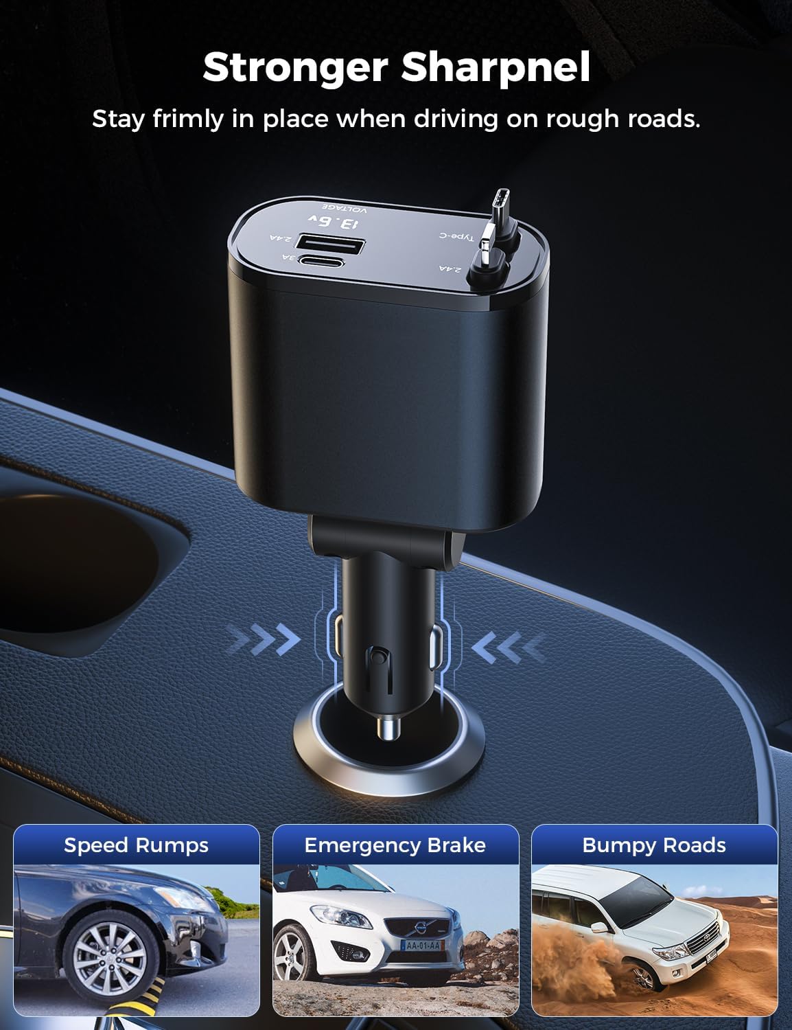SUPERONE Retractable Car Charger for iPhone with Dual Type C Cables, 4 in 1 USB C Car Charger Adapter with 69W Fast Charging Compatible with iPhone 17 16 15 14 13 12 11 Pro/XS/XR/SE/iPad/Airpods