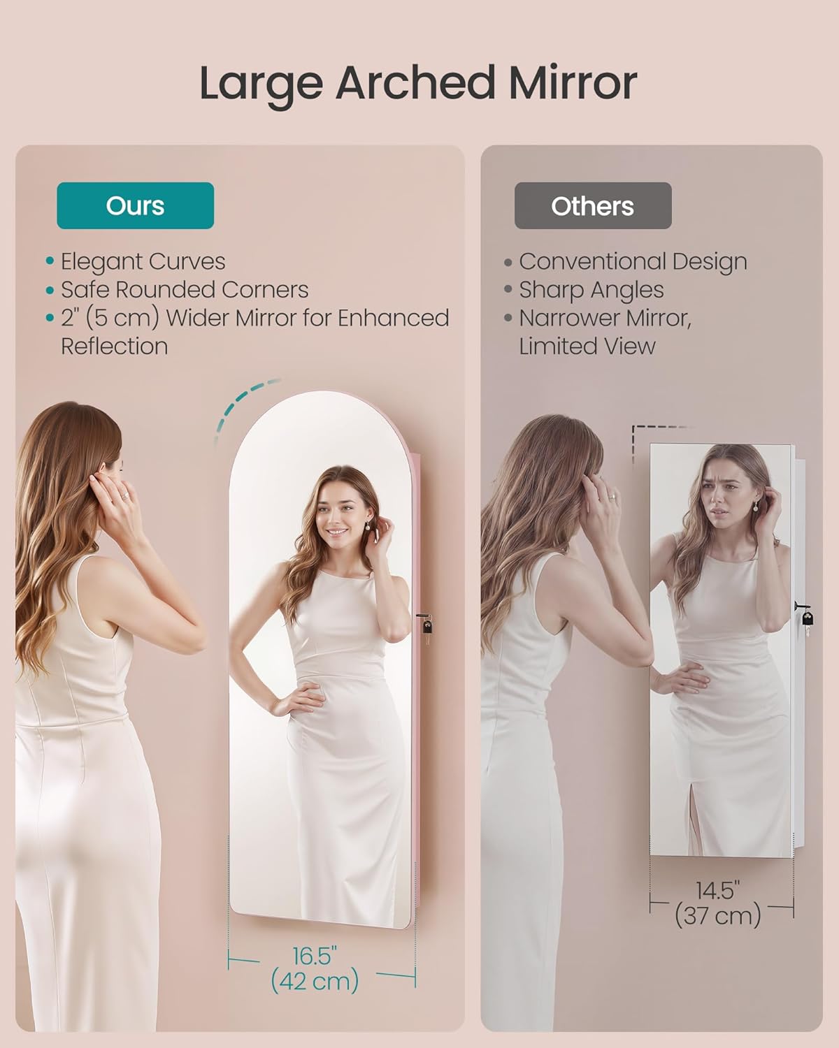 SONGMICS Wide Jewelry Organizer, LED Jewelry Cabinet Wall/Door Mounted, Arched Mirror with Storage, Lockable, Rounded Corner, Interior Mirror, 3.9 x 16.5 x 42.5 Inches, Jelly Pink UJJC020SA01S