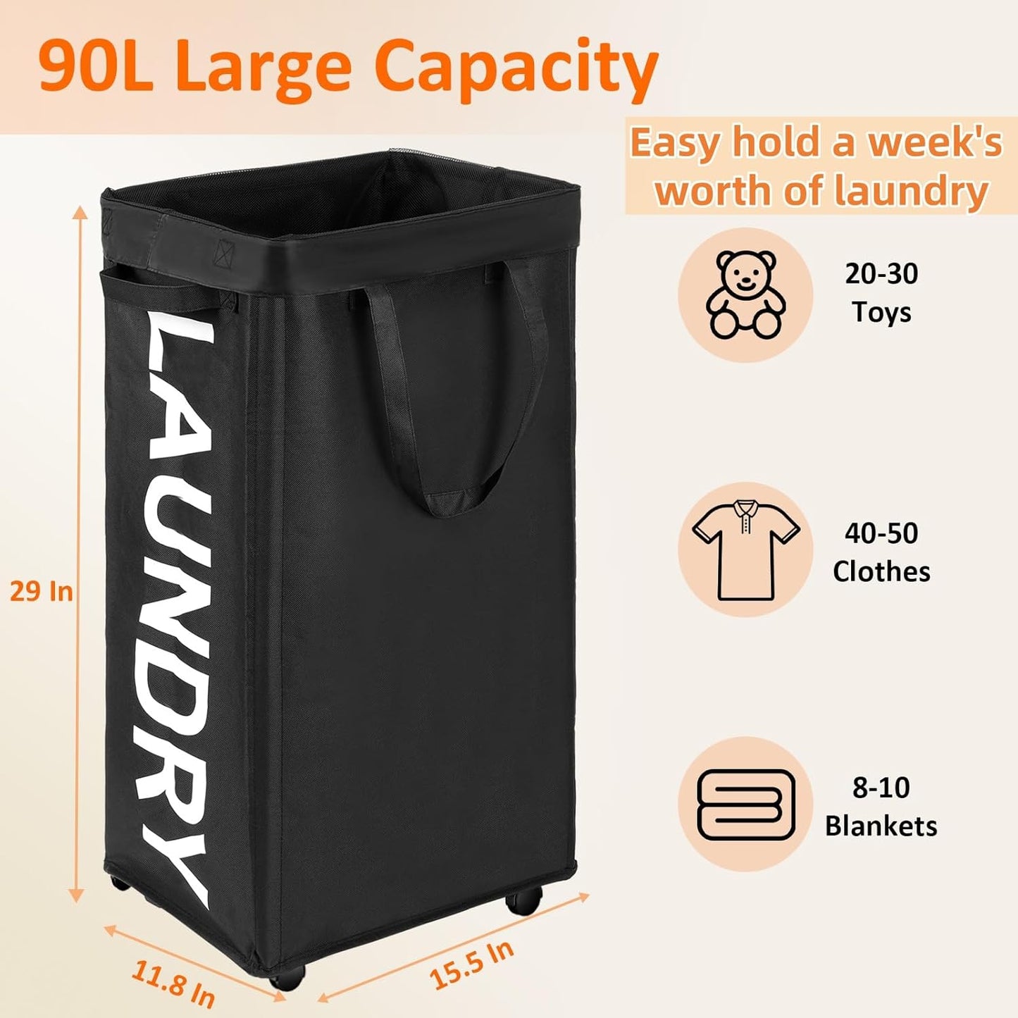 Optish Laundry Basket with Wheels, 90L Rolling Laundry Hamper with Wheels, Large Clothes Hamper on Wheel with Removable Mesh Bag for Bedroom, Dorm Room Essentials, Black