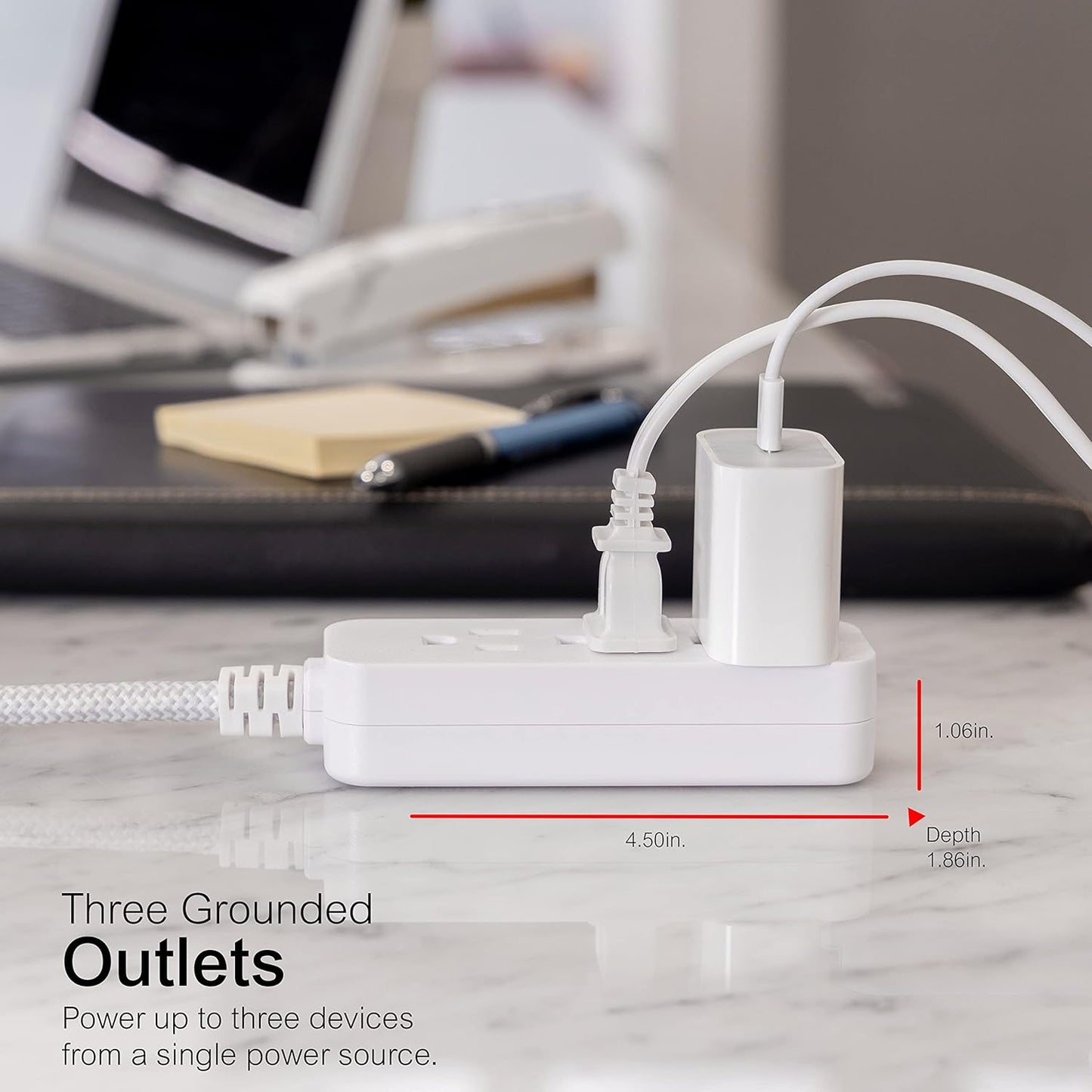 GE 3-Outlet Power Strip 8 Ft Braided Extension Cord with Multiple Outlets Grounded Flat Plug ETL Listed White 38433