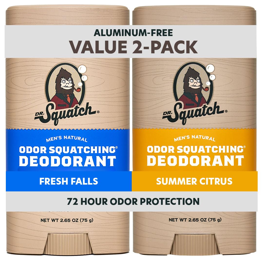 Dr. Squatch Natural Men’s Deodorant – Aluminum Free Natural Deodorant Men with Charcoal & Postbiotics for 72-Hour Odor Protection – Rainforest Rapids + Fresh Falls, 2.65oz Stick (2-Pack)