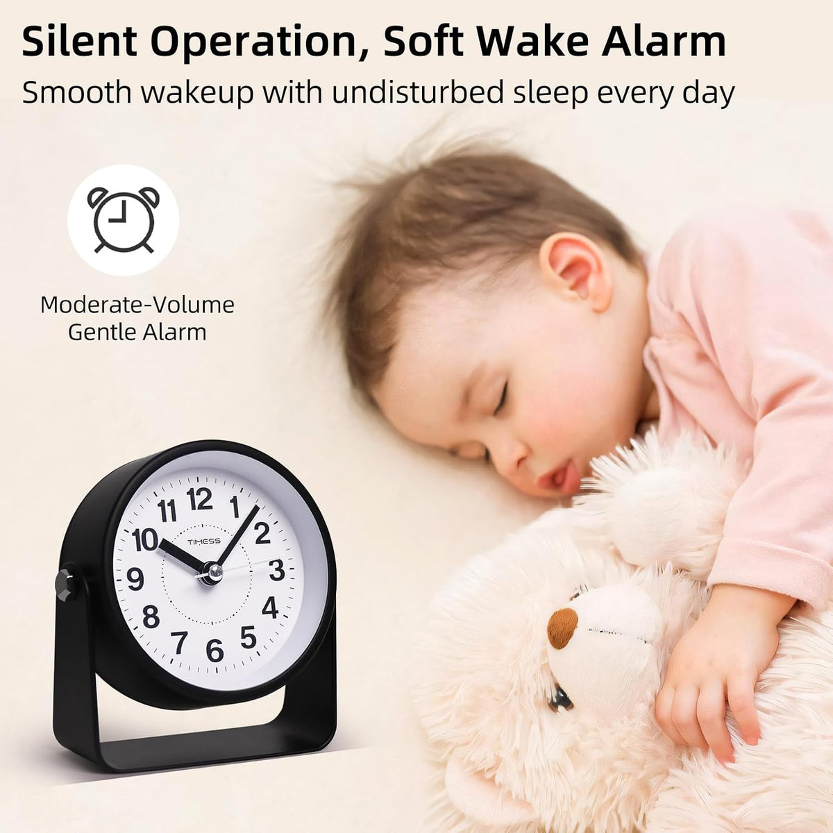 TIMESS Analog Alarm Clock with Snooze & Light, Silent Non-Ticking, Black