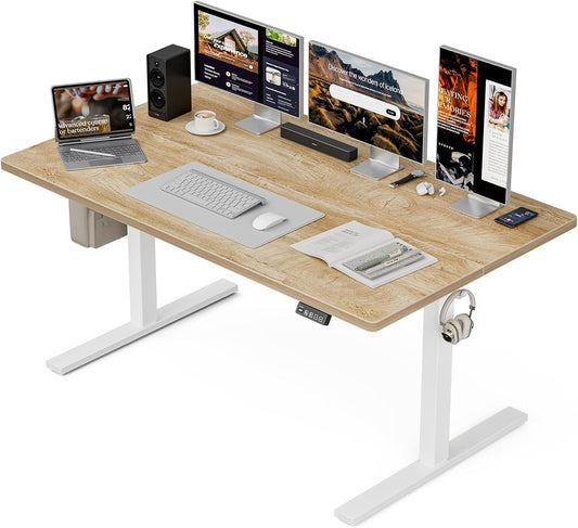 Grandder 55x32 Extra-Deep Electric Standing Desk, Wide Desktop Fits 49" Ultrawide Monitor+Dual Screens, 176 lbs Capacity, 2 Memory Presets, Anti Collision, Computer Desk for Home Office & Gaming, Oak
