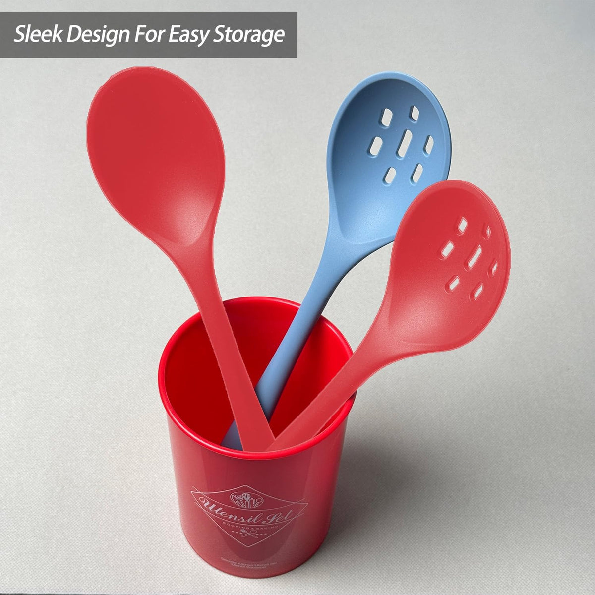 Vovoly Silicone Spoons for Cooking - Extra Large Solid & Slotted Set, Red