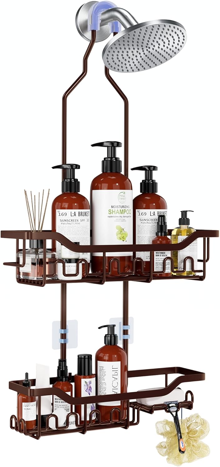 Upgraded Extended Length Shower Caddy Over Showerhead No Blocking to Showerhead, Rustproof Bathroom Organizers and Storage with Hooks Shampoo Soap Holder, Large Hanging Caddy, Grey
