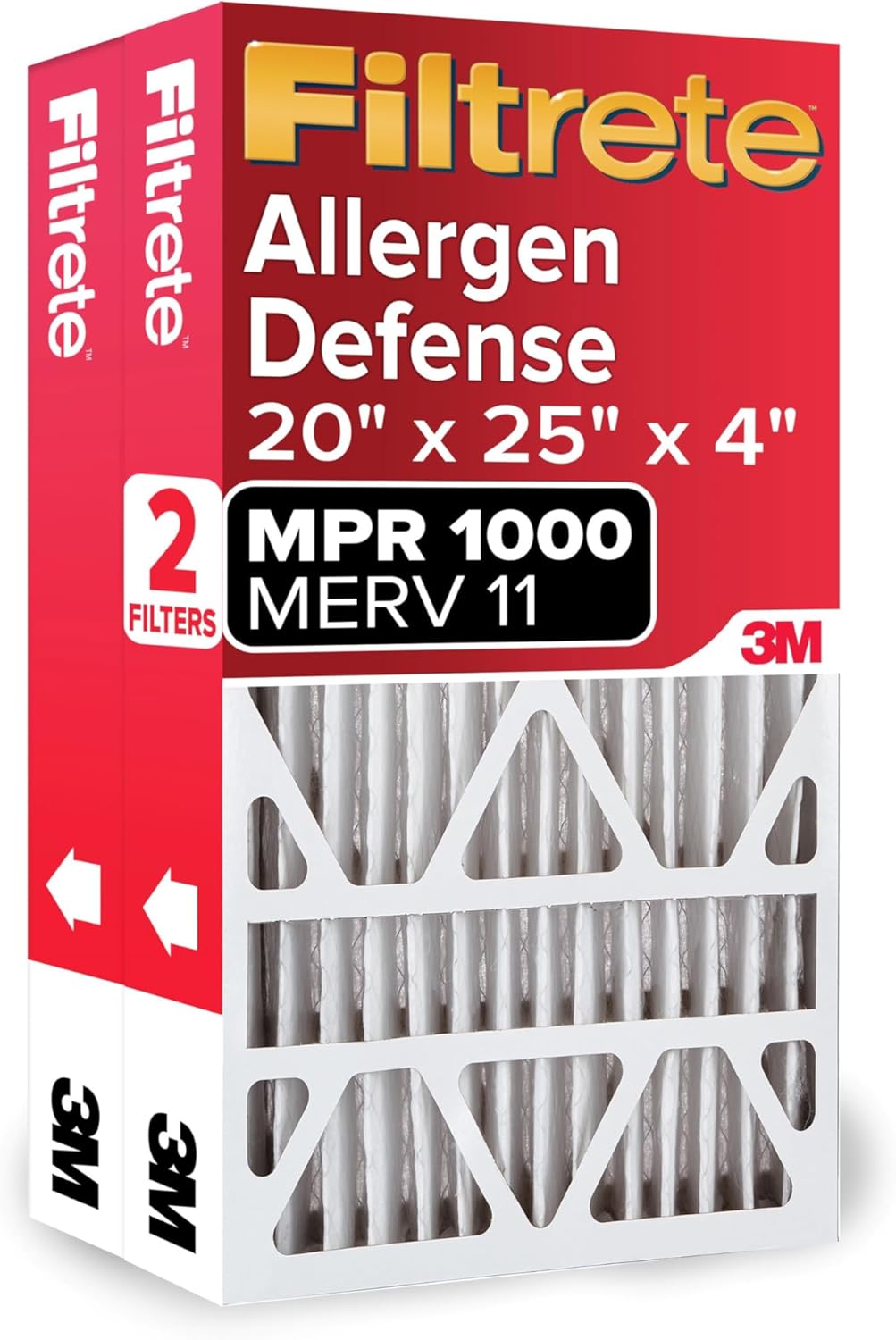 Filtrete 20x25x4 Air Filter MERV 11, MPR 1000 Micro Allergen Defense 2-Pack, Fits Honeywell & AprilAire, AC Furnace HVAC Filters for Home, Pleated Electrostatic (Actual Size 19.88 x 24.63 x 4.31 in)