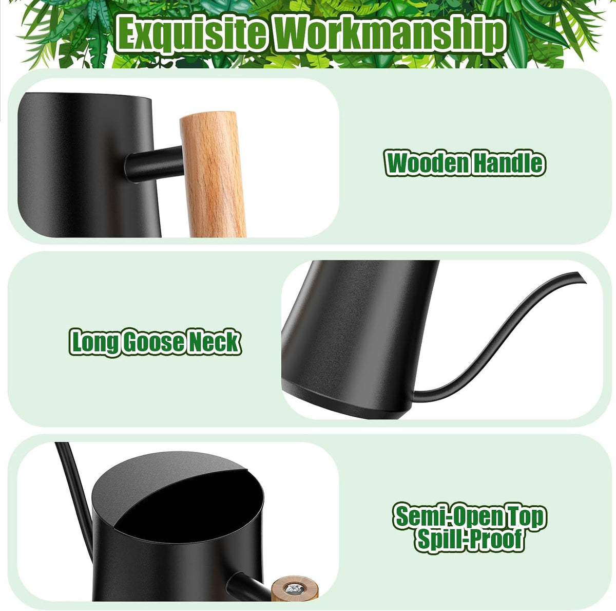 Green Moon 1L/35oz Metal Watering Can Indoor with Long Spout, Black